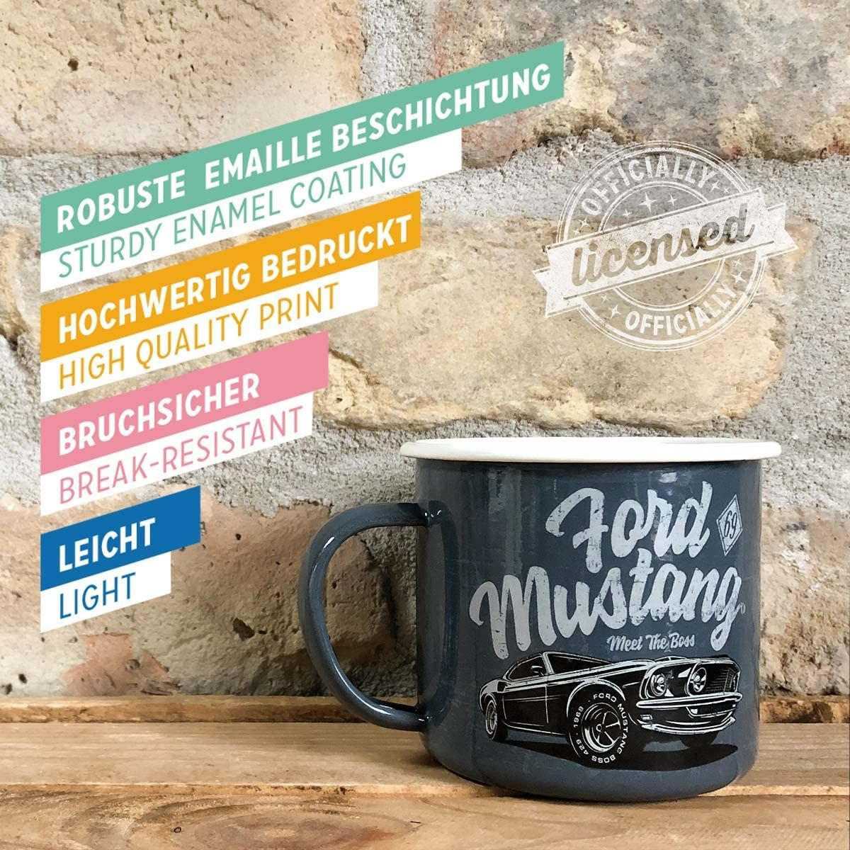 EMAILLE-BECHER 360 ml Ford Mustang The Boss - Blaugrau, Metall (0.36L) - Nostalgic-Art
