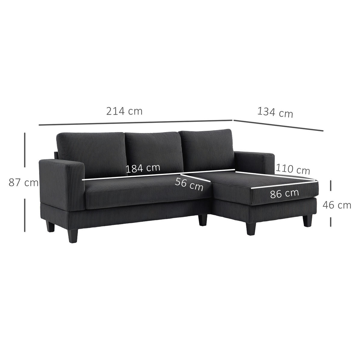 ECKSOFA Couch mit Chaiselongue 3 Sitzer Sofa L Form, 214 x 134 x 87 cm Dunkelgrau - Dunkelgrau, Kunststoff (214/134cm) - HOMCOM