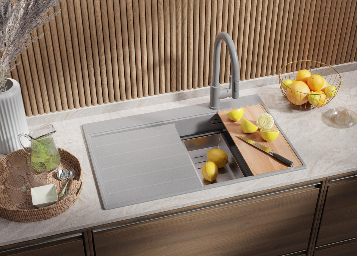 SPÜLBECKEN Sydney, 2-er set Grau 78/50 cm 1 Becken + Ablauf-Set + Küchenzubehörset ab 45er Unterschrank - Chromfarben/Beige, Kunststoff (78/20/50cm) - Primagran