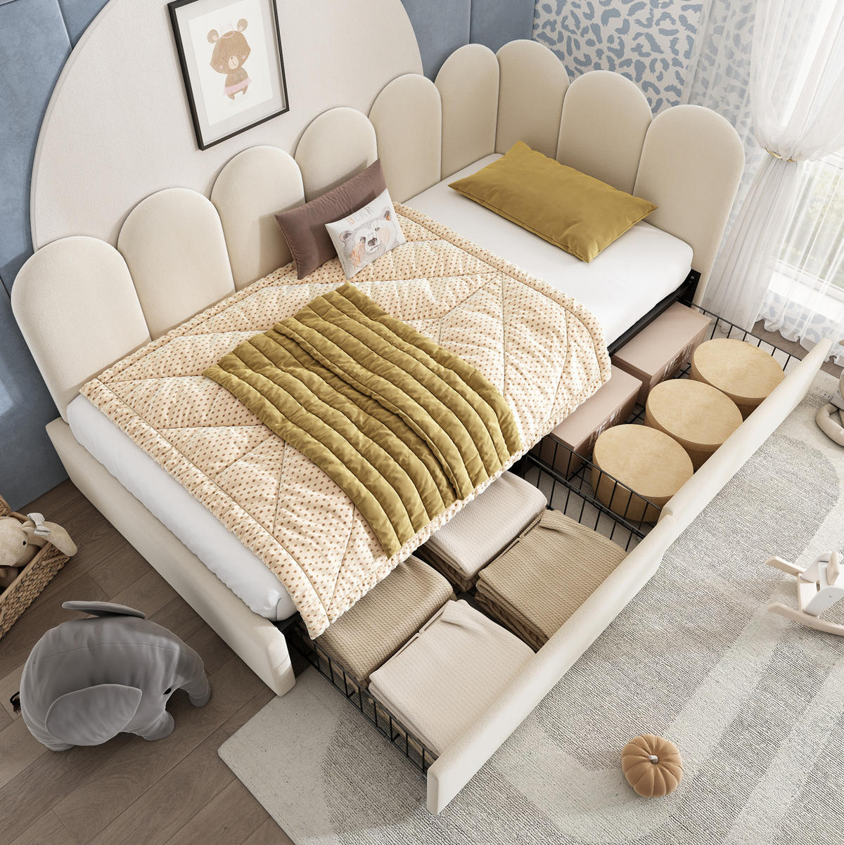 ČALÚNENÁ posteľ 90/190 cm béžová s 2 zásuvkami a rohovým prevedením zo zamatu - béžová, textil (90/190cm) - OKWISH