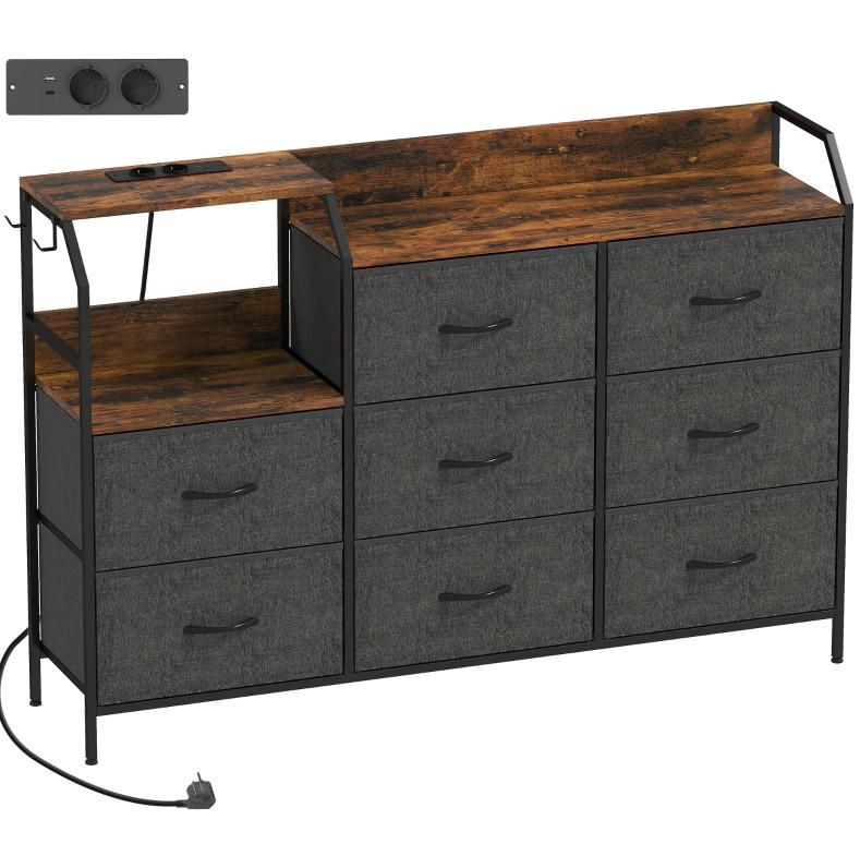Modfu KOMODA z textilu a oceli rustikálně 130.5x30x88 cm hnědá/černá s 8 zásuvkami, nabíjecí stanicí a bočními háčky