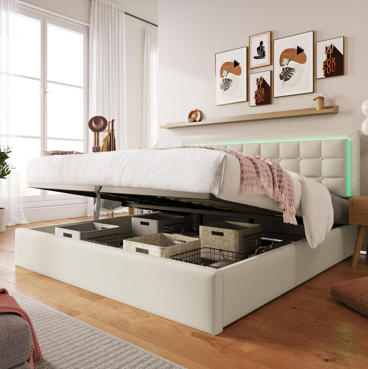 BETT mit Lattenrost, Stauraum und LED 160x200 cm Kunstleder Weiß - Weiß, Metall (160/200cm) - Meubliv
