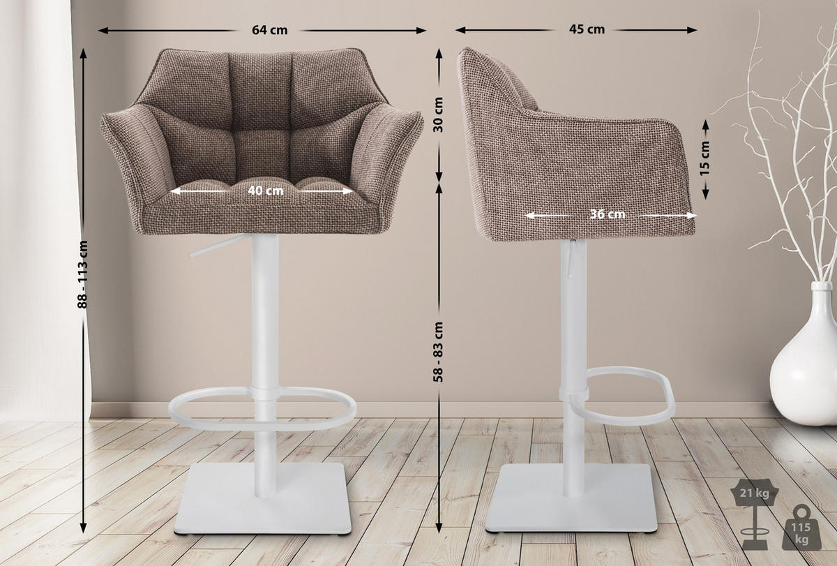 BARHOCKER 2er Set Damaskus Stoff weiß terrabraun - Braun/Weiß, Textil/Metall (64/110/48cm) - TPFLiving