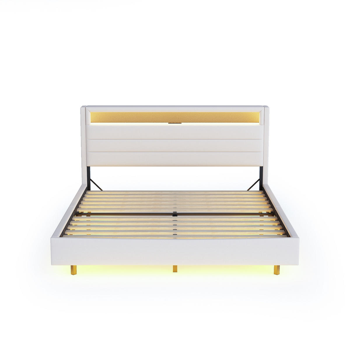 POLSTERBETT 160/200 cm mit LED-Beleuchtung, USB-Anschluss und gepolstertem Kopfteil - Beige, Textil (160/200cm) - BEAOK