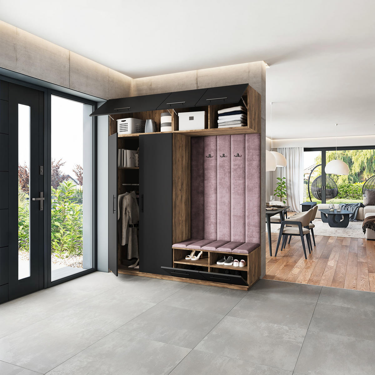 GARDEROBENSCHRANK REMA 200/240/60 cm Modern Garderobe-Set Eiche Lefkas - Eichefarben/Lila, Holzwerkstoff (200/240/60cm) - MASSENO