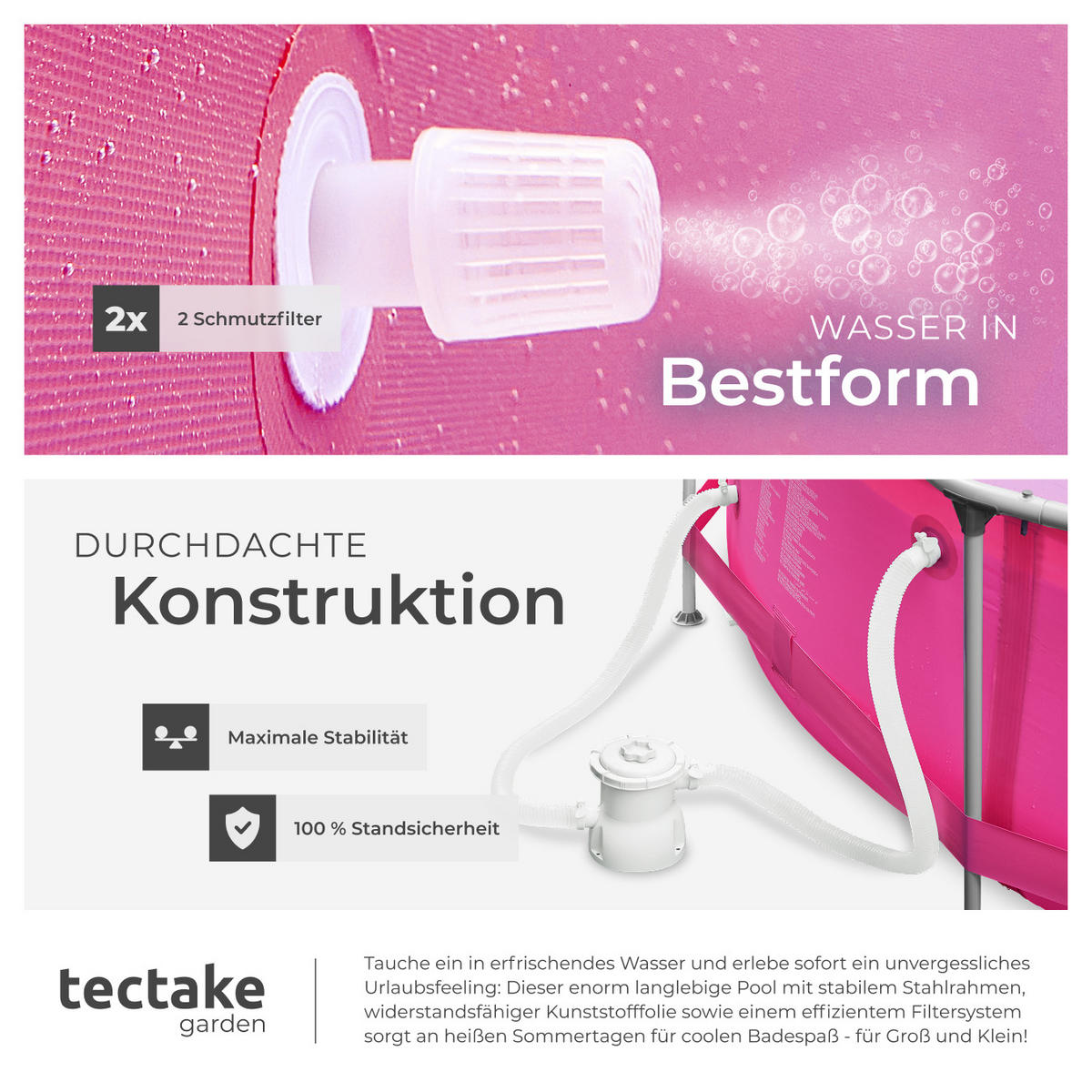 SWIMMING POOL Summertime,360 x 76 cm,pink - Pink, Metall (360/76/360cm) - tectake