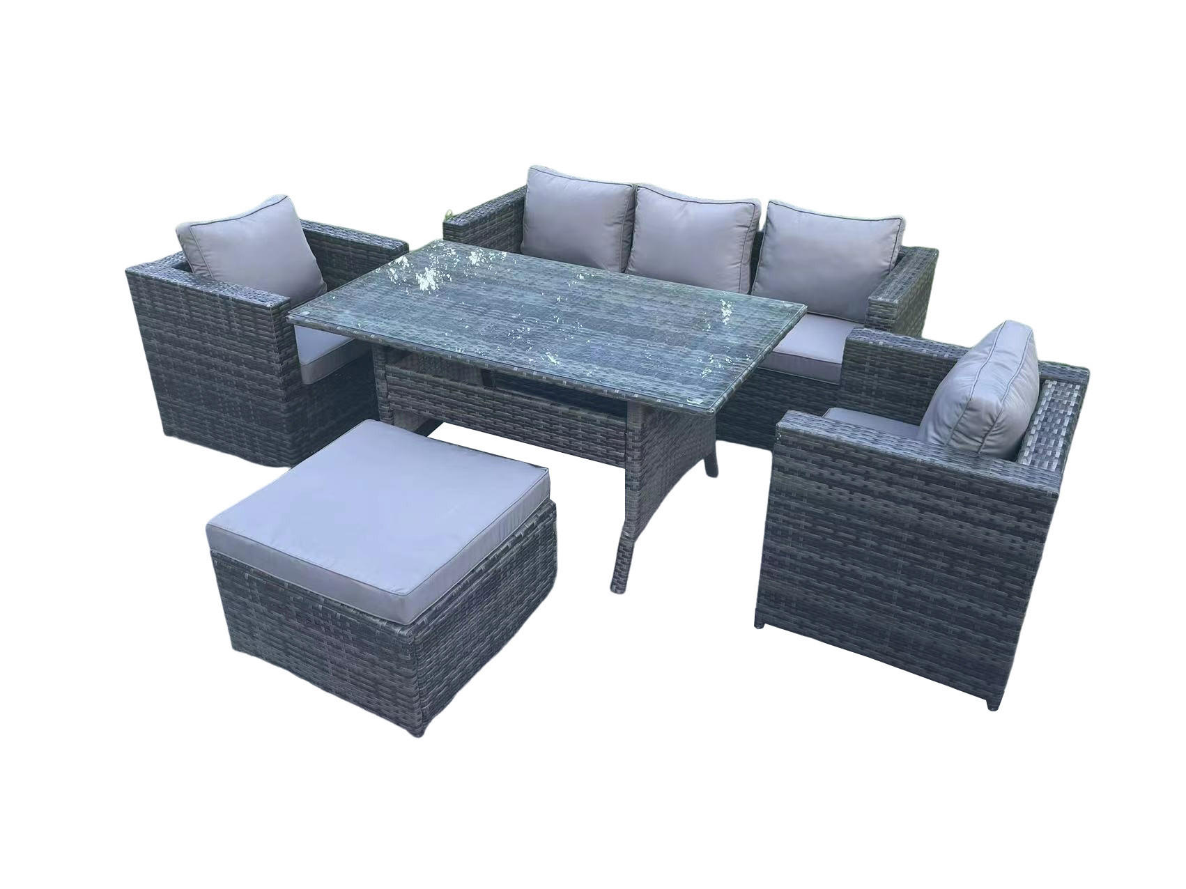 LOUNGEGARNITUR mit Fußschemel Polyrattan Dunkelgrau 6-Sitzer - Dunkelgrau/Grau, Glas/Kunststoff - Fimous