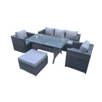 LOUNGEGARNITUR mit Fußschemel Polyrattan Dunkelgrau 6-Sitzer - Dunkelgrau/Grau, Glas/Kunststoff - Fimous