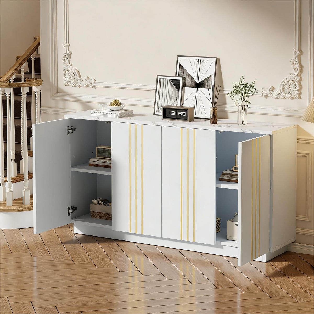 SIDEBOARD DE-37833 mit 4 Türen und Goldlinien Weiß - Weiß, Holzwerkstoff (140/70/35cm) - ComfortXL