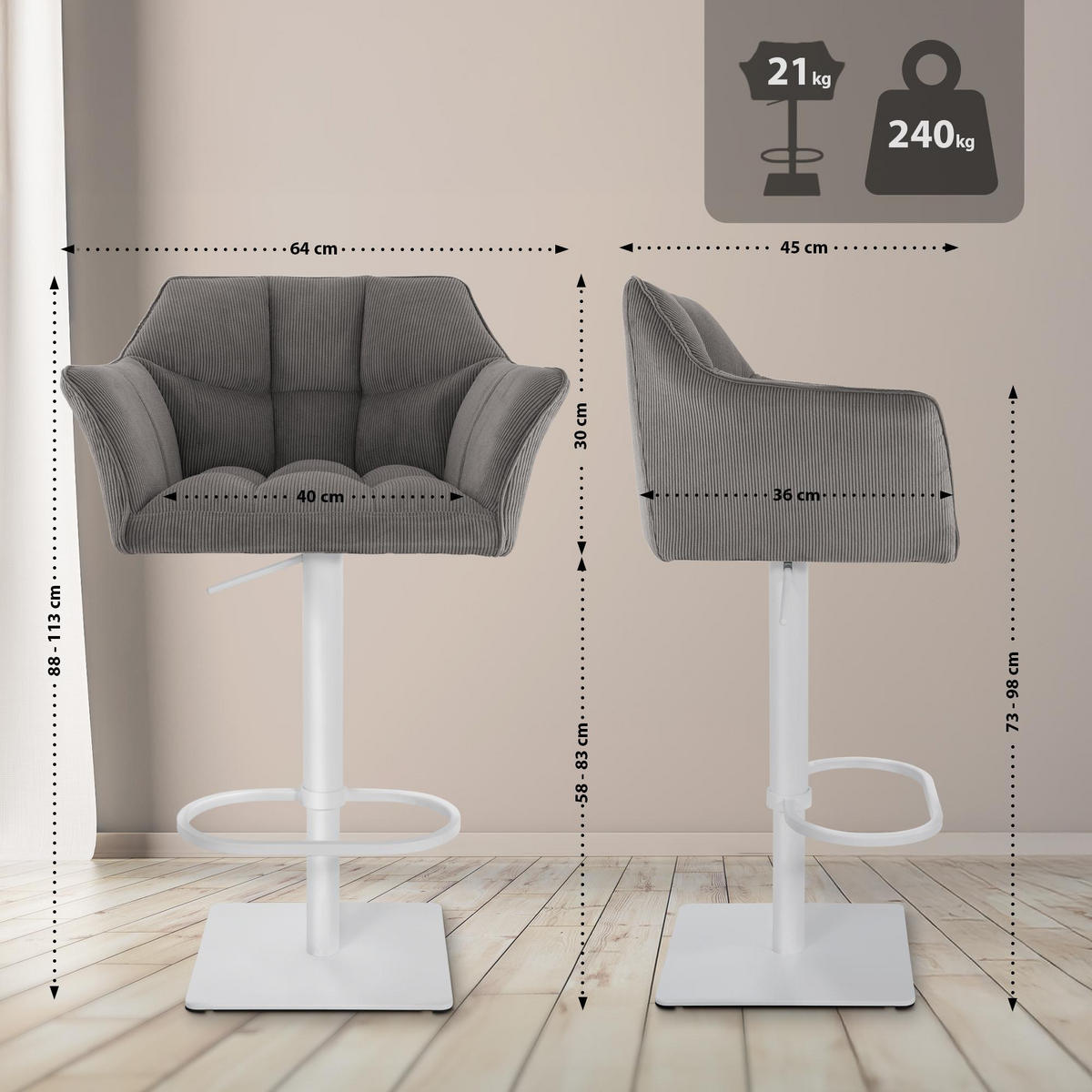 BARHOCKER Cord Taupe - Taupe/Weiß, Textil/Metall (64/88/45cm) - CLP