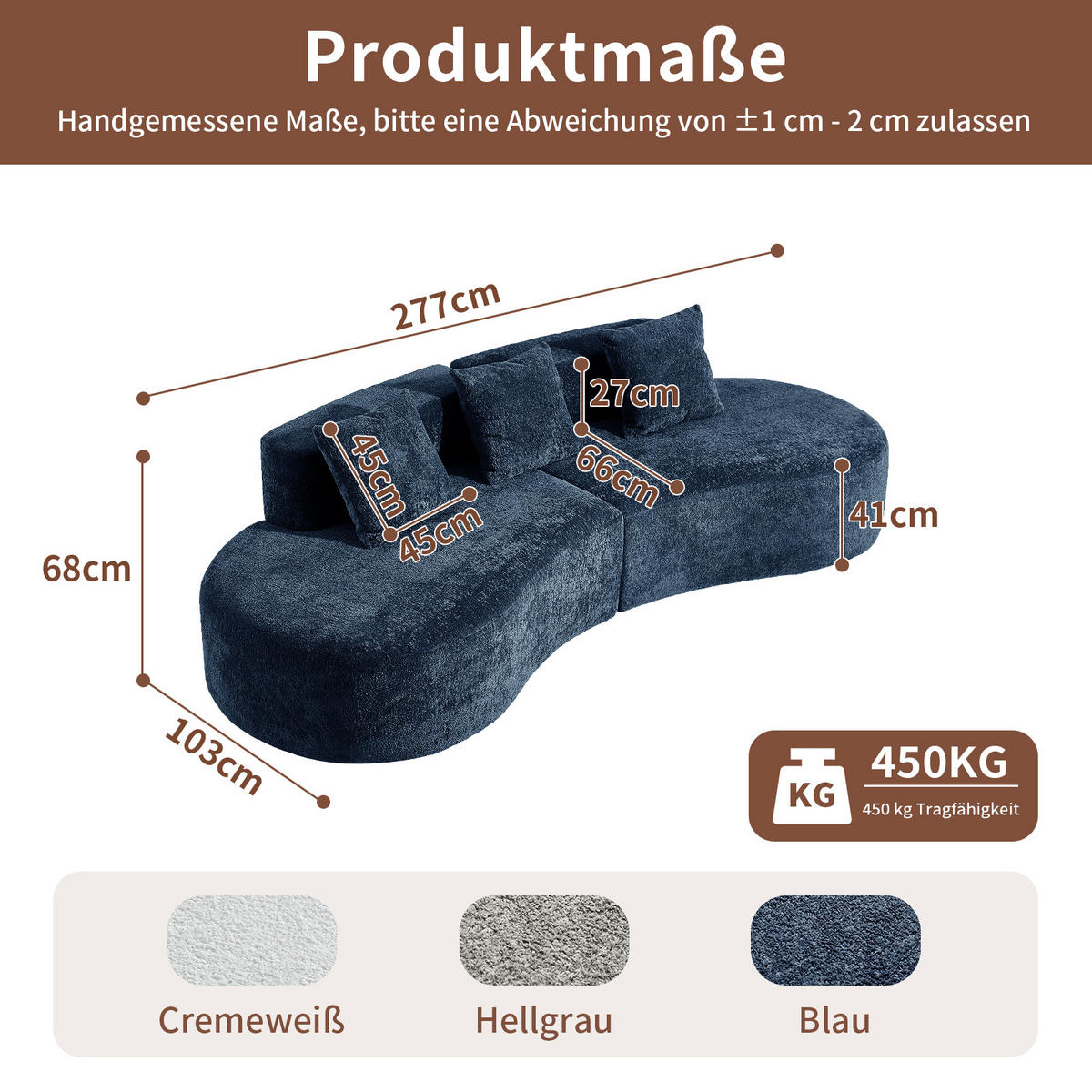 ECKSOFA Samtbezug inklusive Zierkissen 277/103/68 cm Blau - Blau, Textil (103/277cm) - Redom
