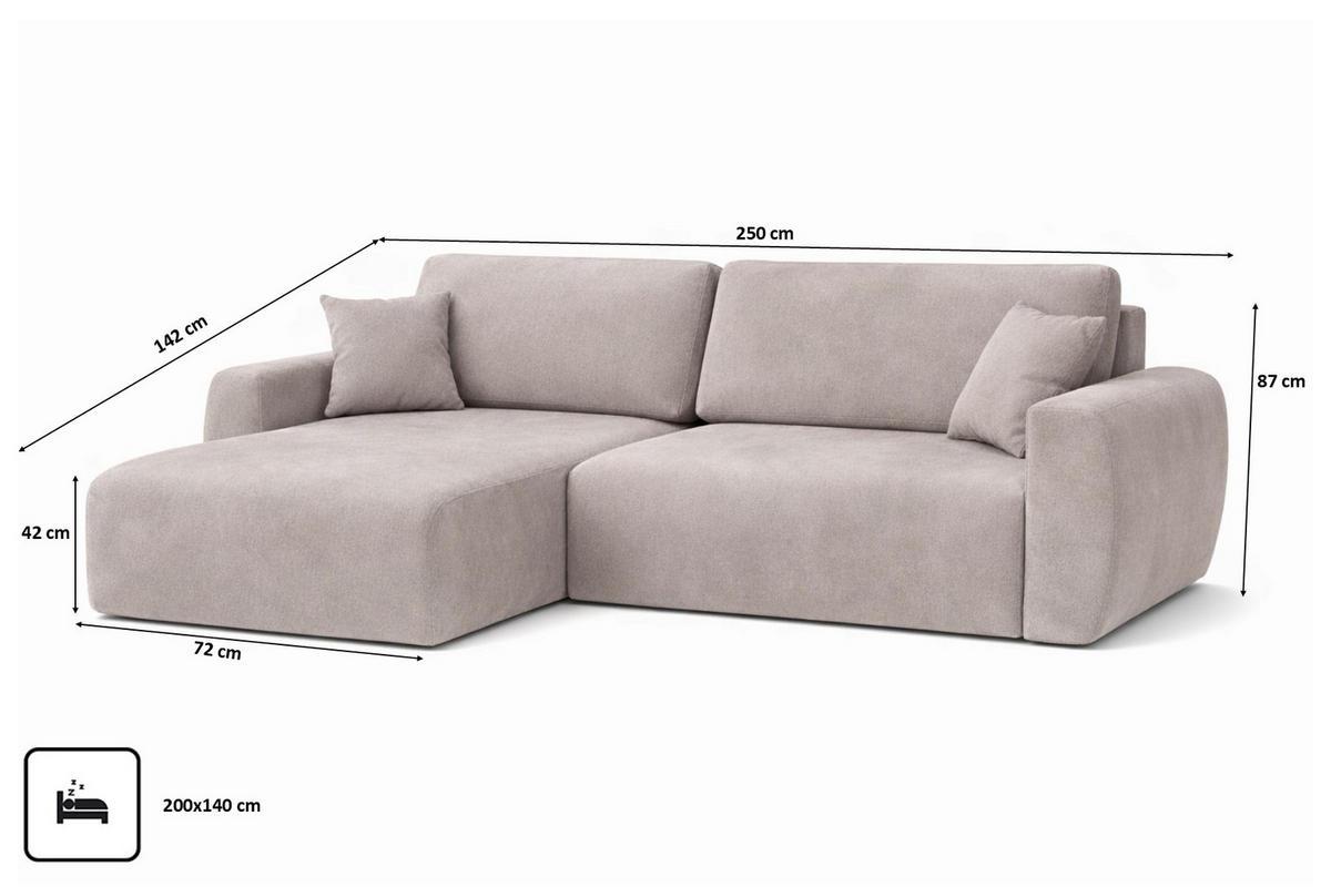 ECKSOFA Mit Schlaffunktion Ariel L, Velours, Stoff Salvador, Grau, Links - Grau, Holz (250/142cm) - Kaiser Möbel