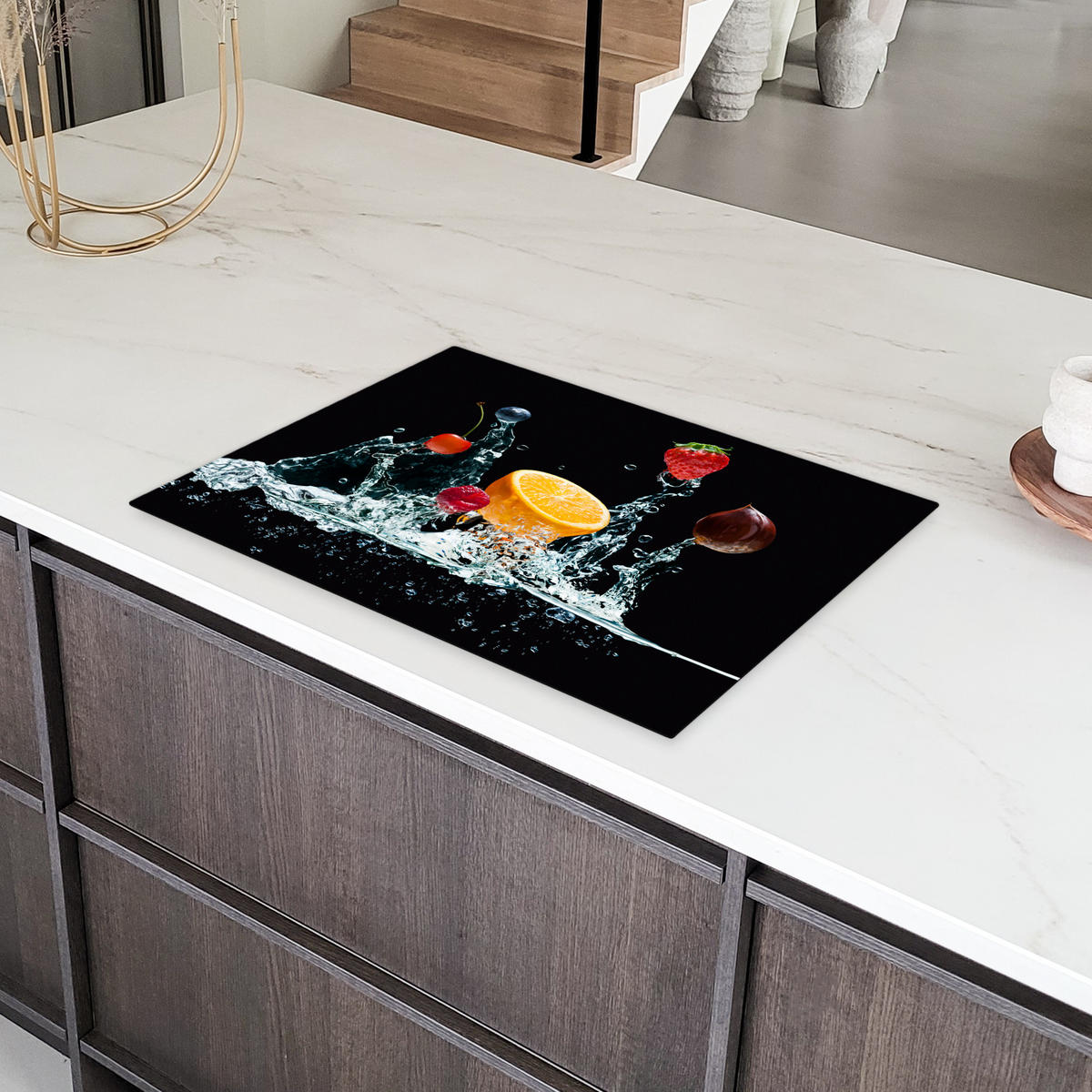 HERDABDECKPLATTE Wasser - Obst - Orange - Erdbeere - Kirsche - Schwarz Herdabdeckung Induktionsfeld 75x52 cm - Orange, Kunststoff (75/52/0.2cm) - MuchoWow