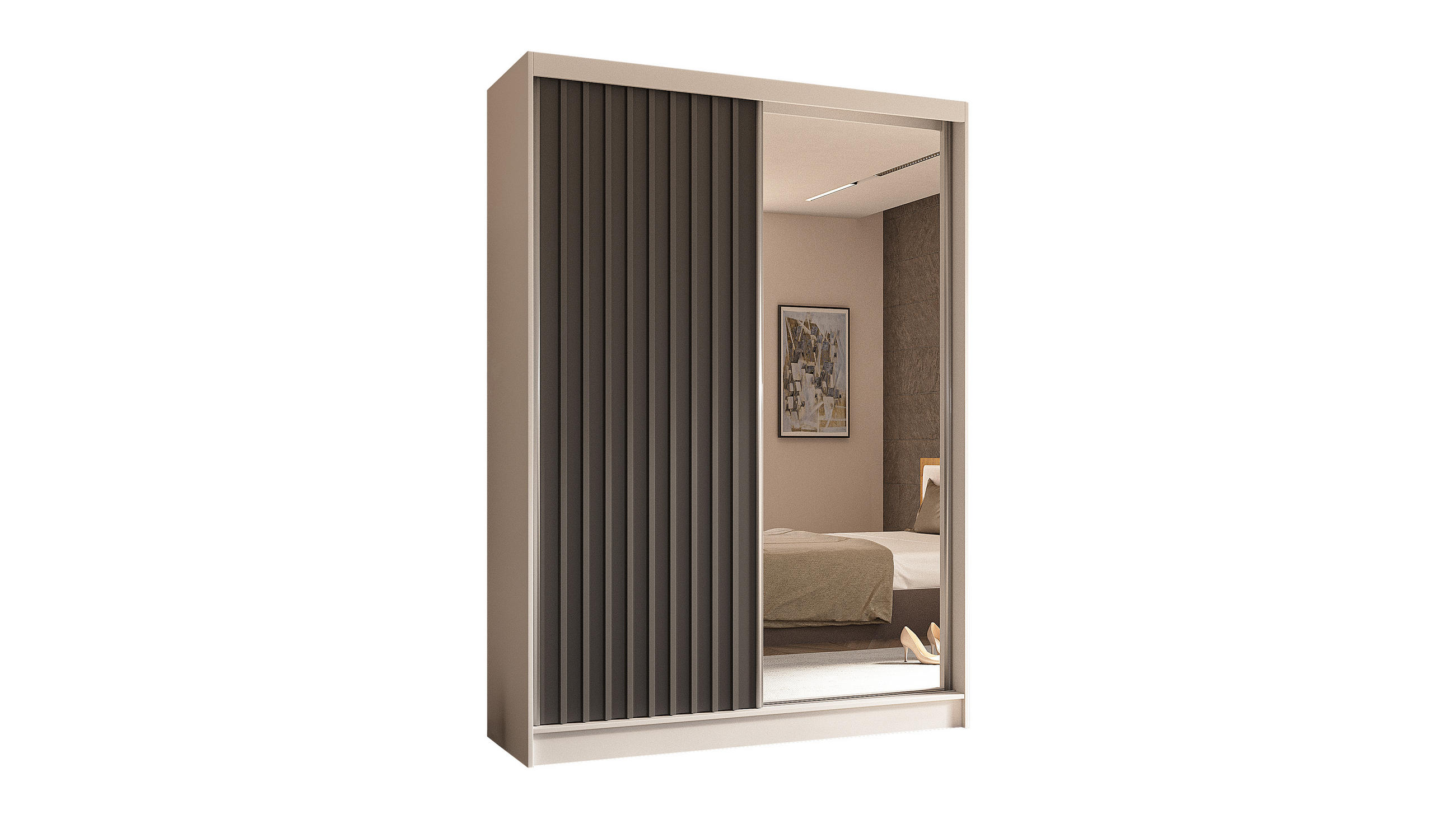 KLEIDERSCHRANK mit Spiegel-Schiebetüren und Aluminium-Leisten - LAMELO - 150 cm Weiß+Grau+Grau - Weiß/Grau, Holzwerkstoff (150/216/61cm) - ALTDECOR