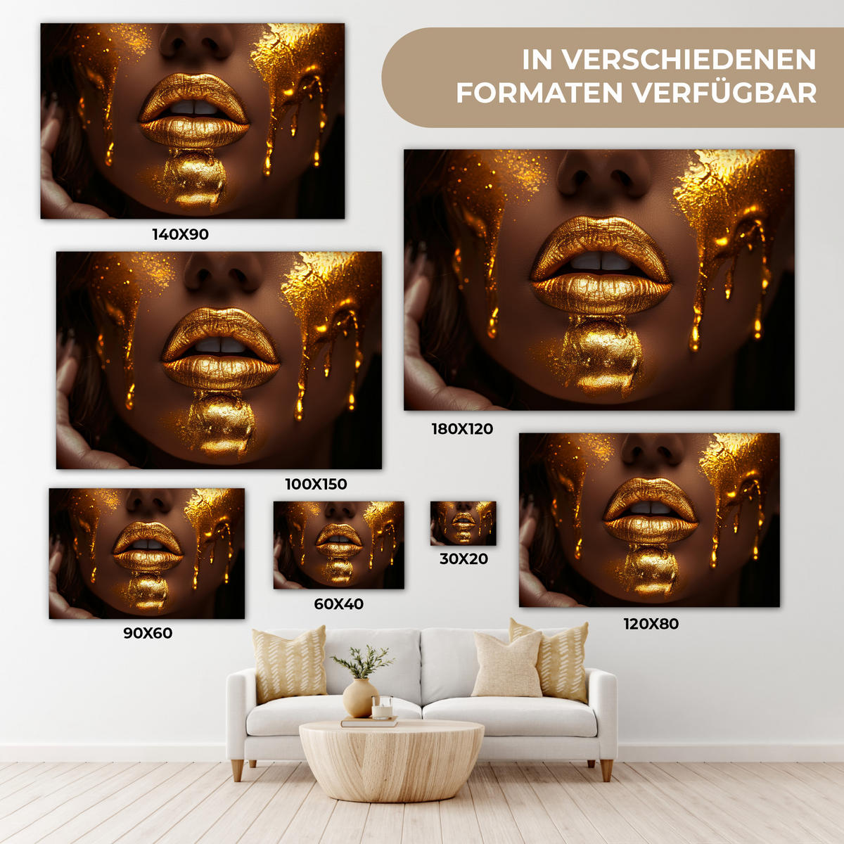 LEINWANDBILD Frau - Gold - Luxus - Porträt 90x60 cm - Goldfarben, Textil (90/60cm) - MuchoWow