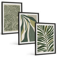 BILDER SET 3er Set - 40x60 cm Schwarzer Rahmen - Blätter mit wellenförmigen grünen Linien - Schwarz, Kunststoff (40/60cm) - TULUP