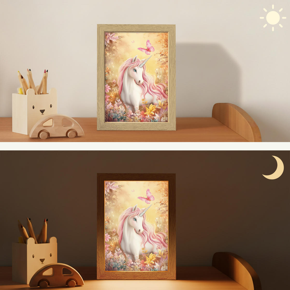 NACHTTISCHLAMPE Einhorn - Blumen - Schmetterling - Rosa 15x20 cm - Beige, Holzwerkstoff (8/15/20cm)