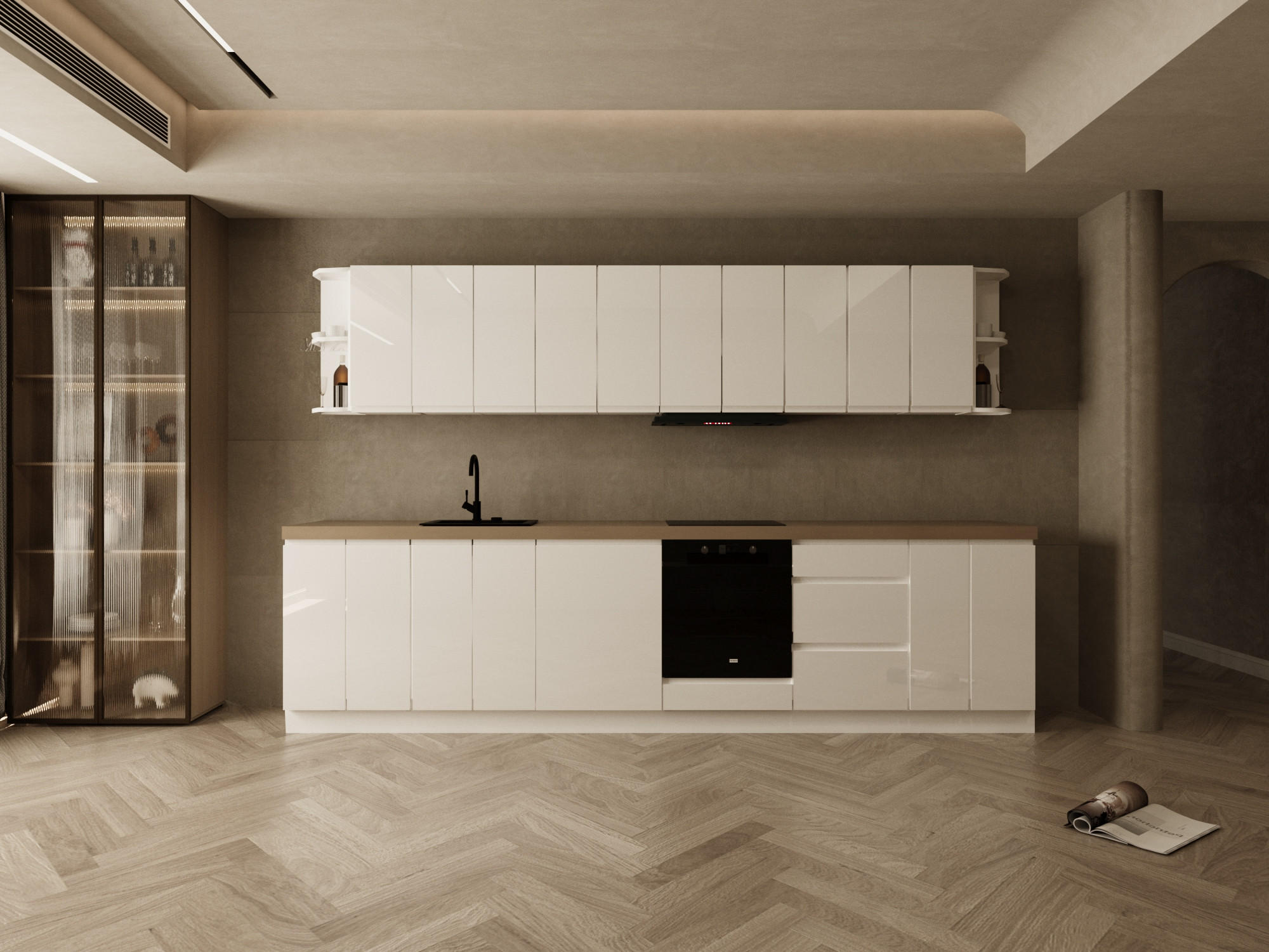 KÜCHENZEILE 360 cm - Aspen KA16-M360- in Weiß/Hochglanz - Weiß Hochglanz, Holz (360/212/52cm) - Milaros Markt
