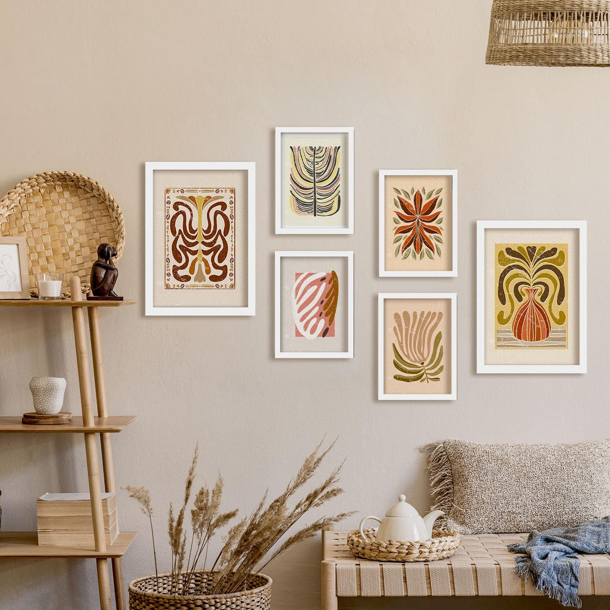 POSTER Set Mit 6 Drucken Von Stielen In Der Sammlung Ethnischer Style Drucke Dekorative Rahmen Für Ihr Zuhause Wandkunstdruck A3 & A4 Weißer Rahmen - Weiß, Papier (29/3cm) - Nacnic