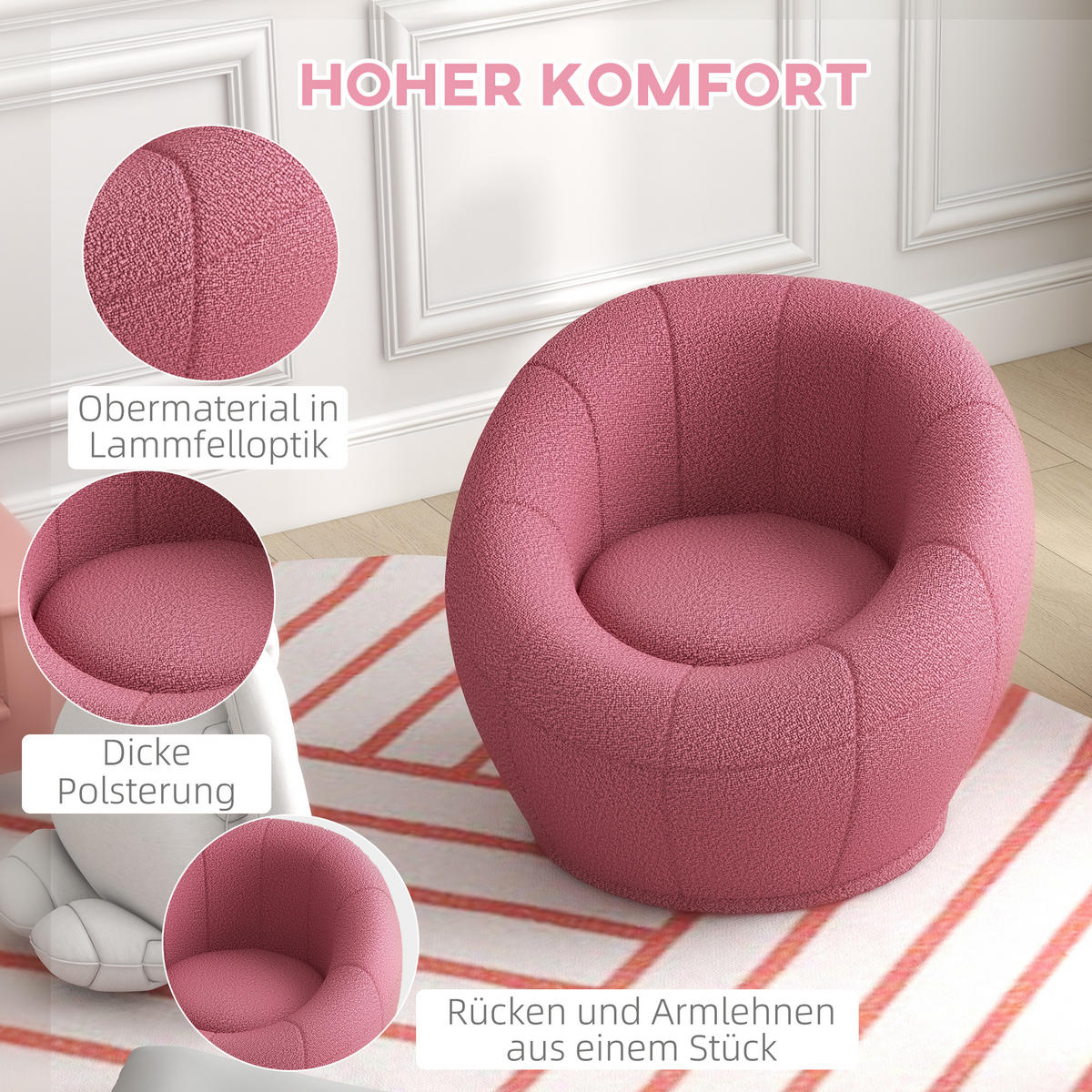 EINZELSESSEL, Schafswolle, Rosa - Rosa, Naturmaterialien (56/48/60cm) - HOMCOM