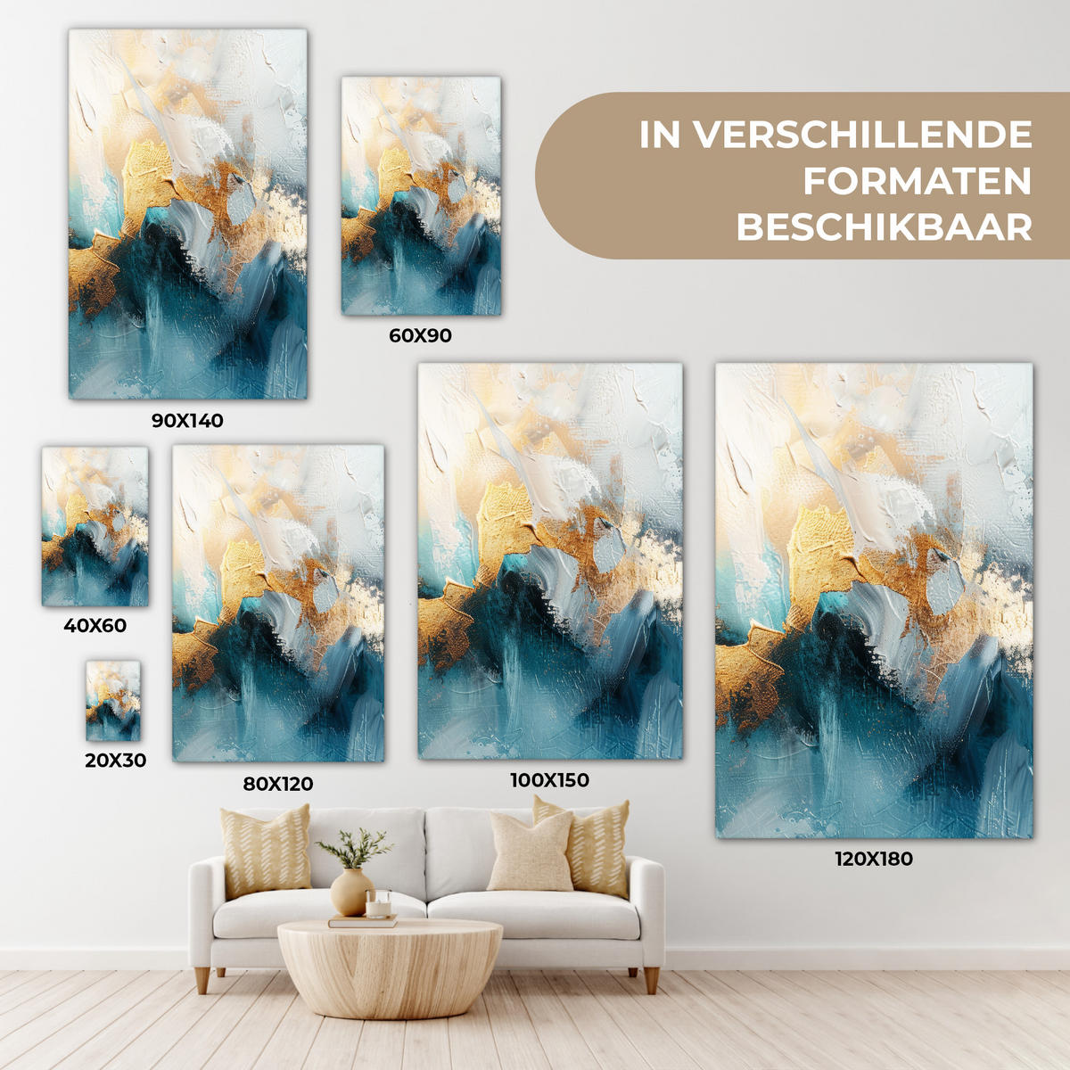 LEINWANDBILD Abstrakt - Kunst - Gold - Blau Wanddeko Schlafzimmer 60x90 cm - Petrol, Textil (60/90cm) - MuchoWow