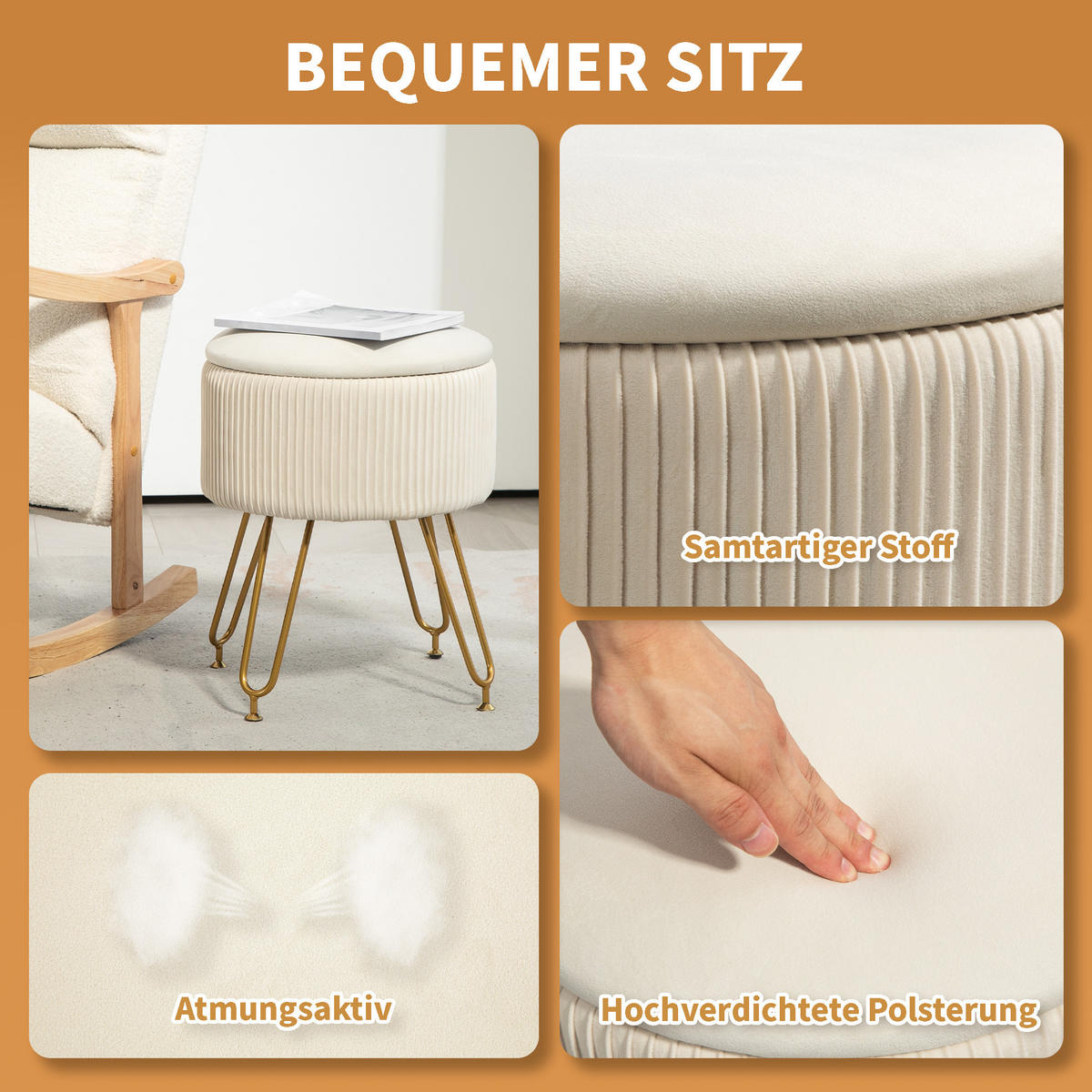 SITZBANK mit Stauraum, 2-in-1 Polsterbank mit Deckel, Bettbank mit Samtoptik - Creme, Kunststoff (40/48/40cm) - HOMCOM