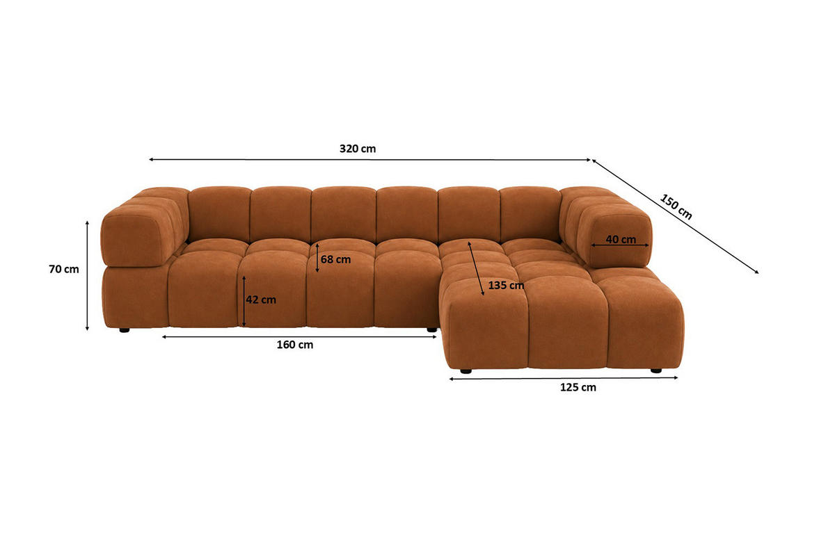 ECKSOFA L-Form, Veloursstoff Bluvel, Zimtfarbe, Rechts, Averro XL - Orange, Holz (320/150cm) - Kaiser Möbel