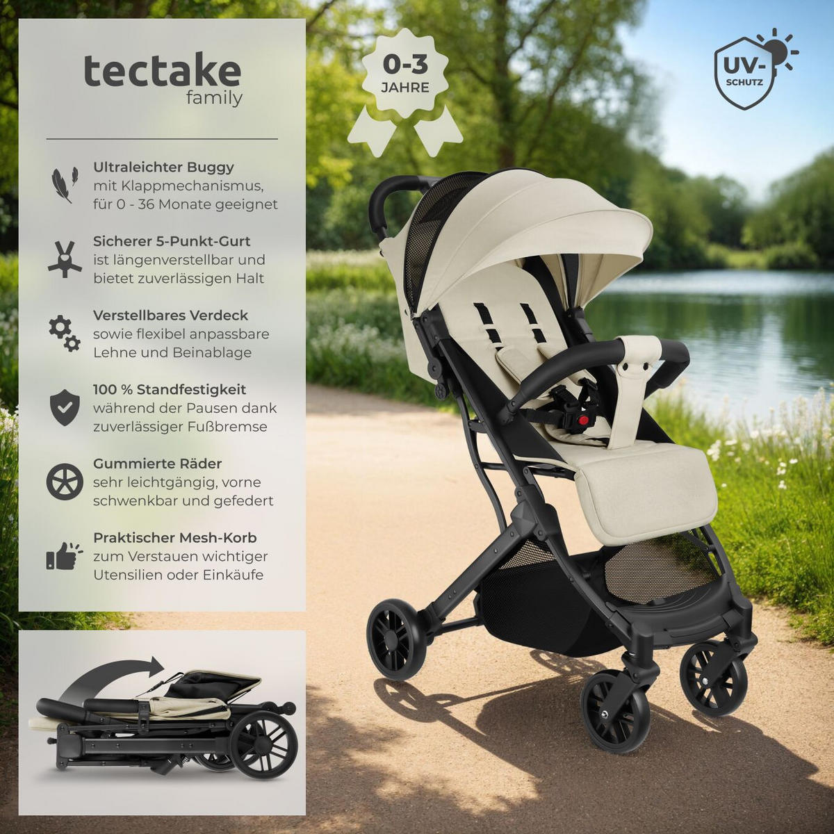 BUGGY-KINDERWAGEN Finn, für 0 bis 36 Monate geeignet, Belastbarkeit 15 kg, grau/beige - Beige/Grau, Textil (95/51/105cm) - tectake
