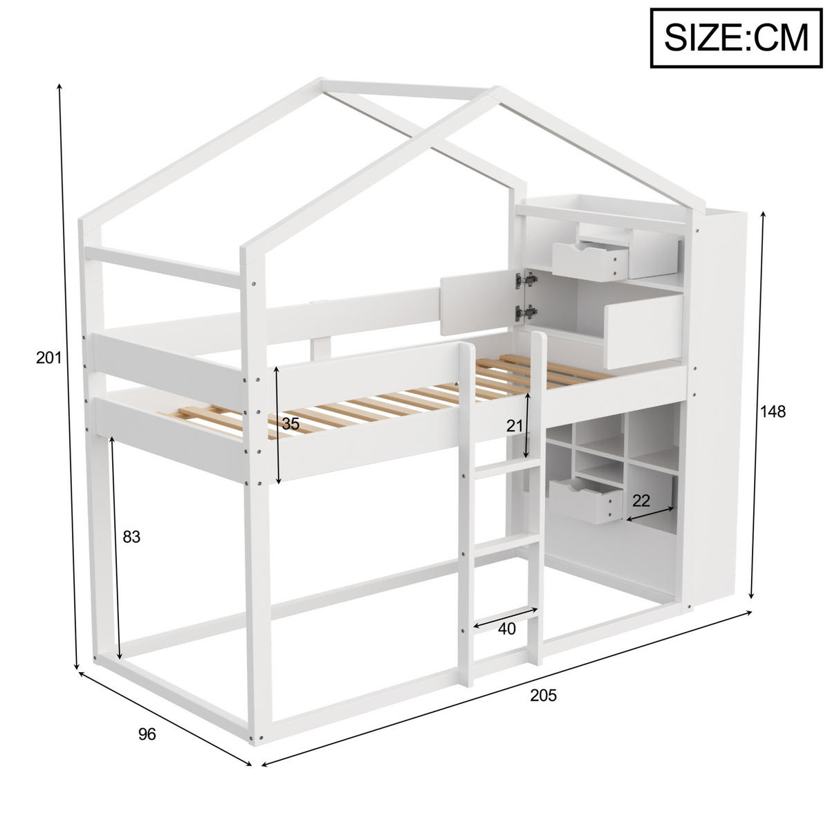 HAUSBETT 90/200 cm aus Kiefernholz mit Stauraum in Weiß - Weiß, Holz (90/200cm) - BEAOK