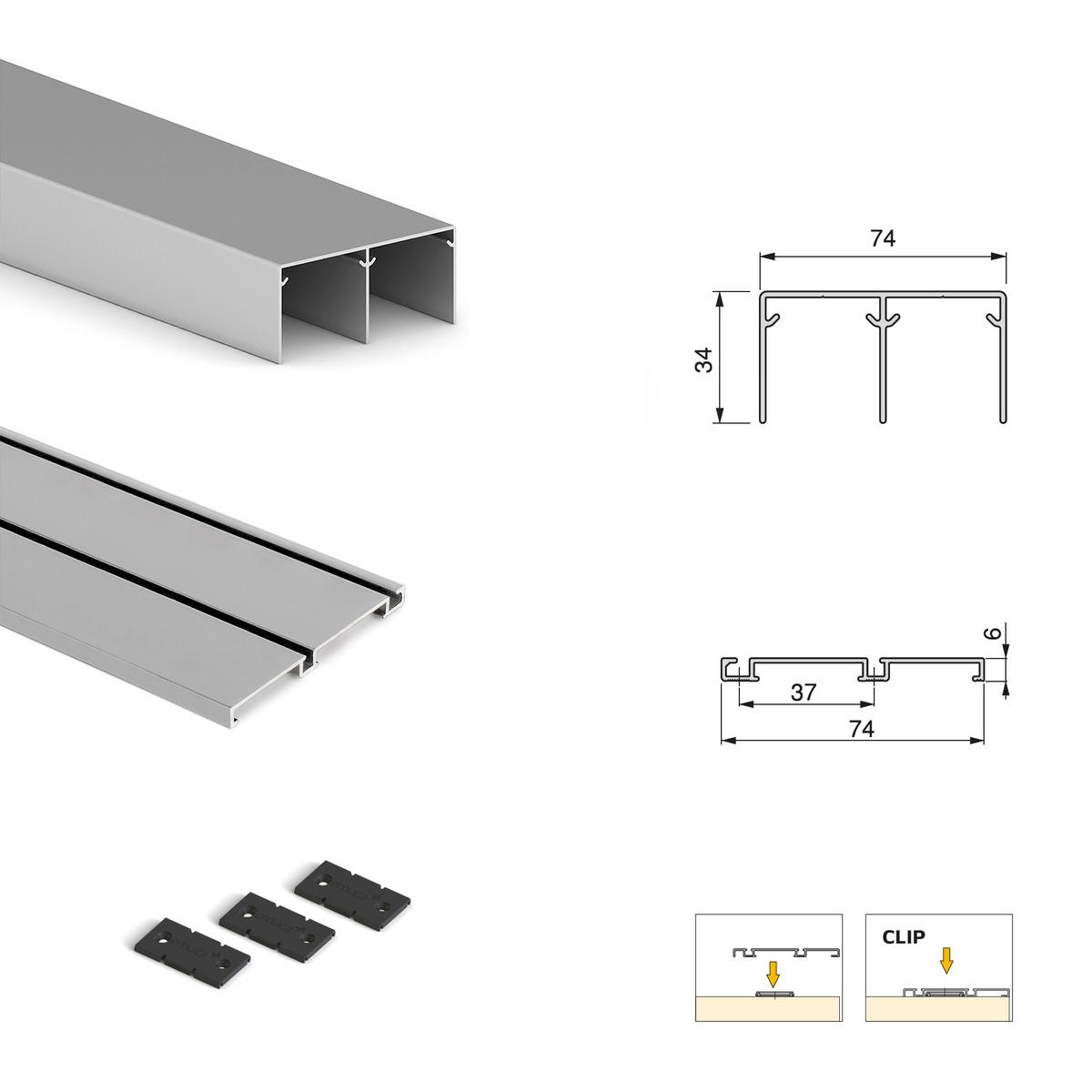 HARDWARE SET für Placard 74 2-Schiebe-Kleiderschrank mit sanftem Schliessen, Griff-Modell Sharp, Stärke 18mm, ohne Paneele, Matt eloxiert - Dunkelgrau, Metall (3.4/8/235cm) - EMUCA