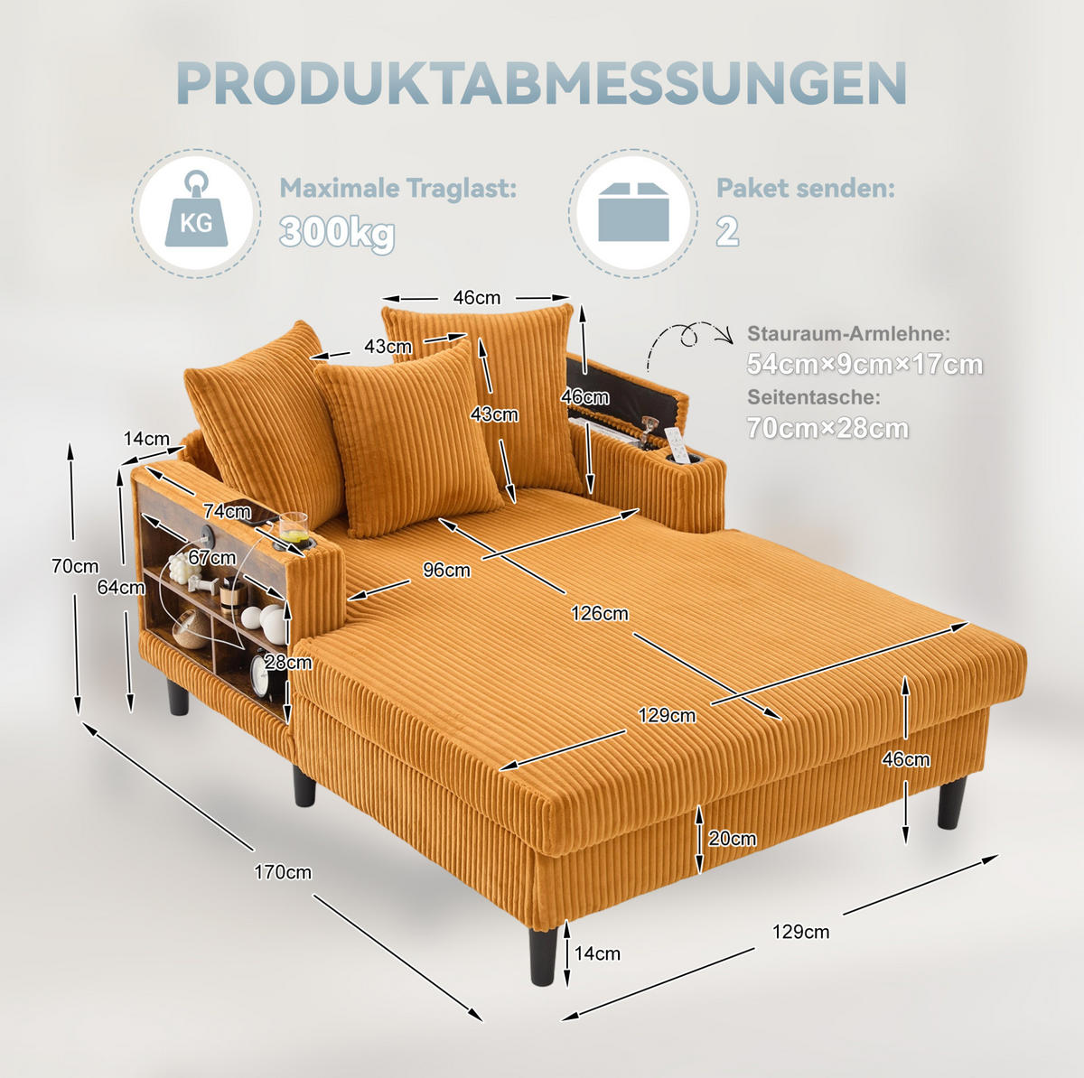 CHAISELONGUE mit USB und Stauraum 129 x 170 cm Cord Mustard Yellow - Gelb, Holz (170/70/129cm) - Meubliv