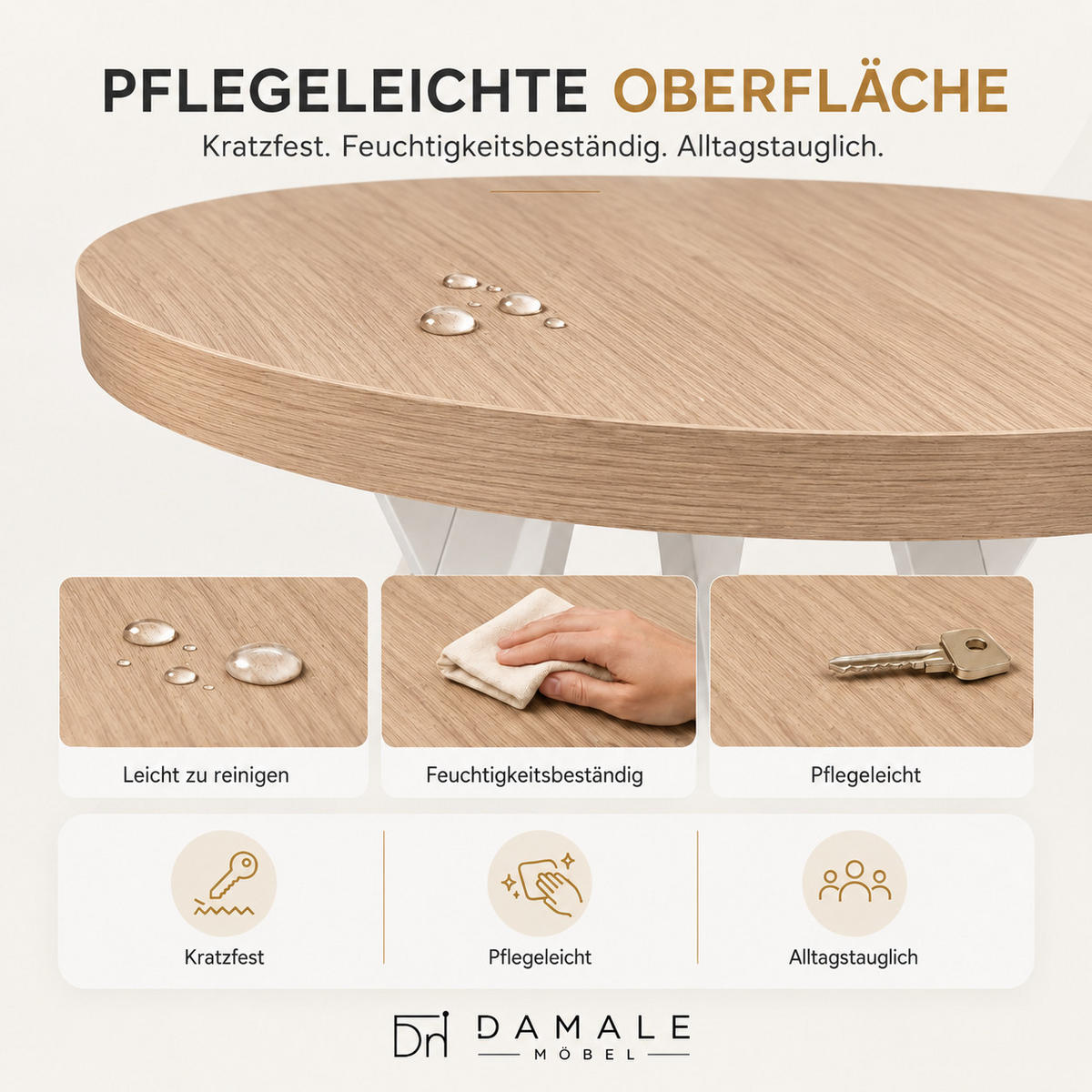 ESSTISCH rund ausziehbar 110/210/76 cm, Eiche Hikora Egger Natur, 54 cm Tischplatte + Lamellen-Metallgestell Weiß - Hellbraun/Eichefarben, Holzwerkstoff/Metall (110/210/76cm) - Damale Möbel