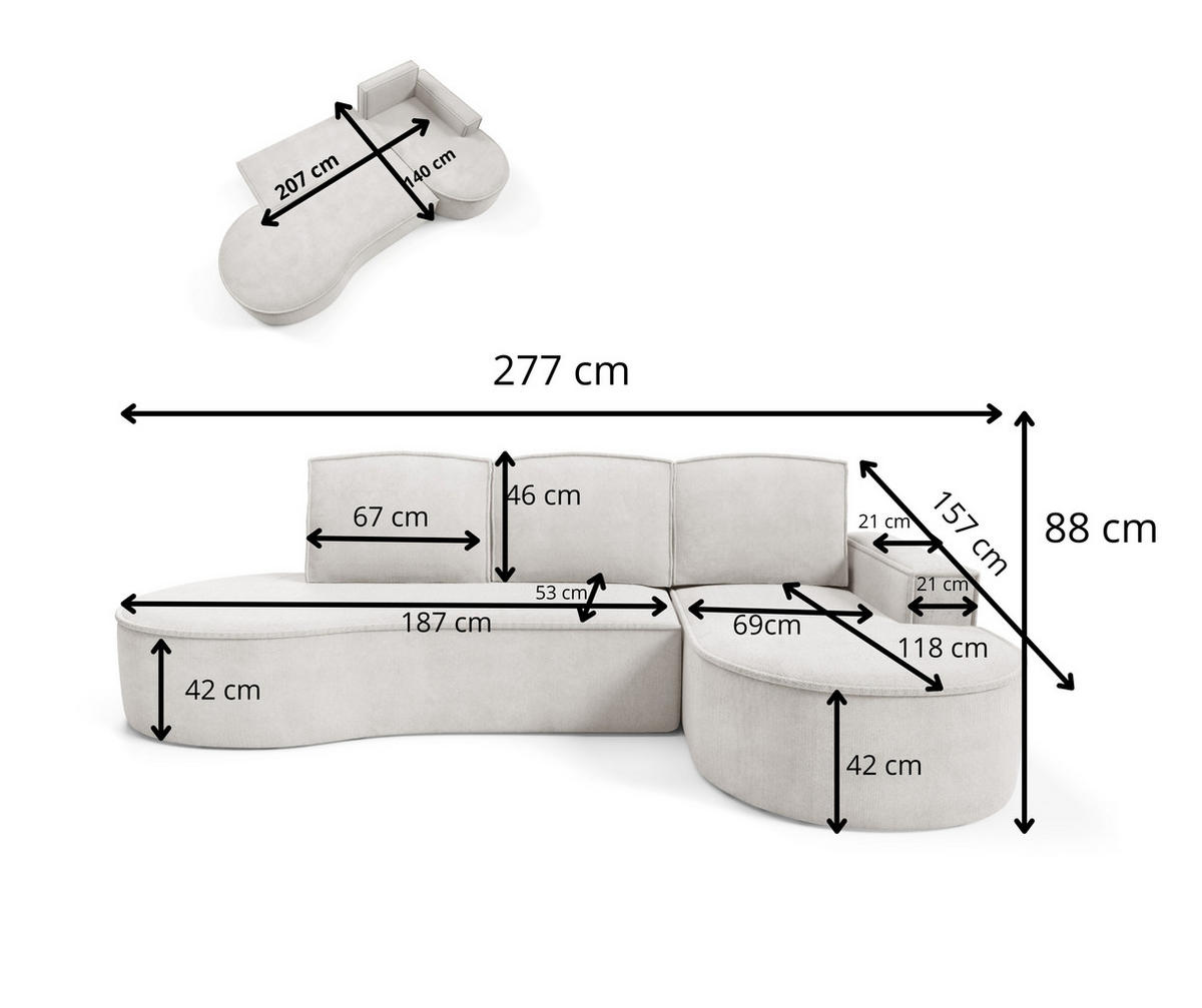 ECKSOFA MOLLY mit Schlaffunktion – Halbrund, freistehend, Liegefläche 140x207 cm, 3 Kissen, Abriamo-Stoff, 277x157x88 cm, Links Weiß - Creme, Holz/Textil (157/277cm) - DomoHome