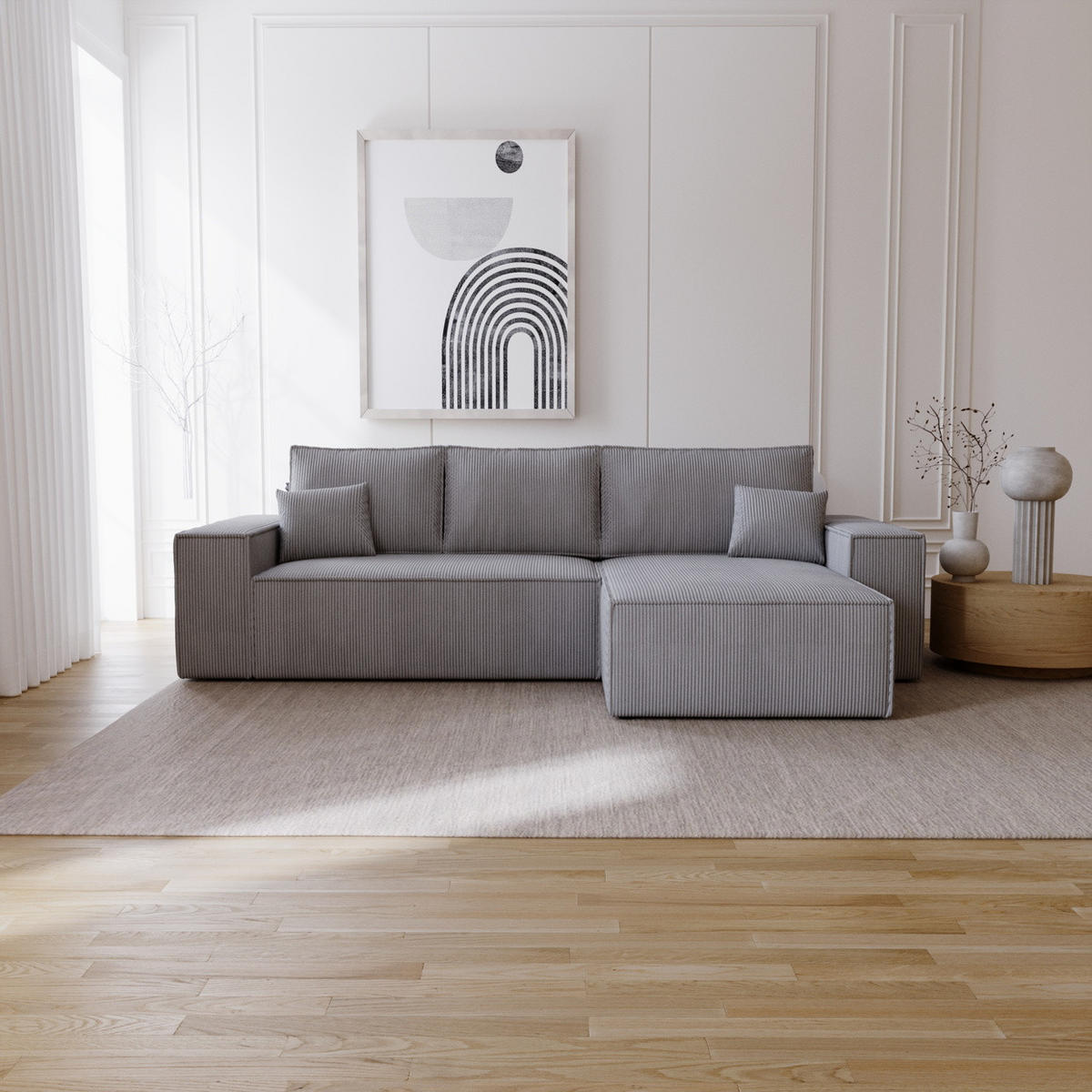 ECKSOFA Bergamo L mit Cordstoff, 280 cm, Schlaffunktion, Rechts - Grau - Grau, Holz (189/277cm) - Emporius