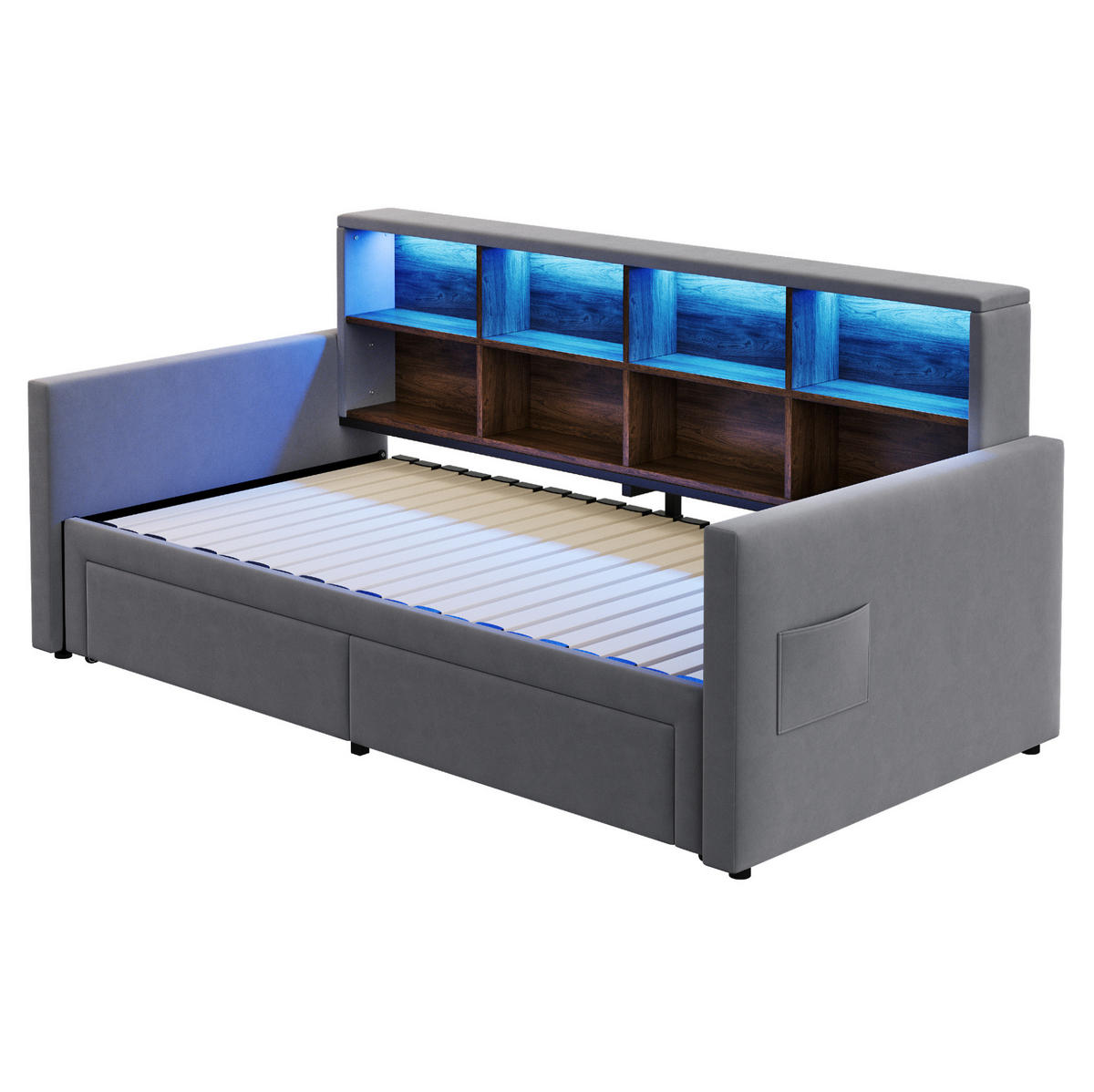 SAMT-POLSTERBETT 90/190 cm mit LED-Beleuchtung, Ausziehfunktion und Stauraum - Dunkelgrau, Textil (90/190cm) - BEAOK