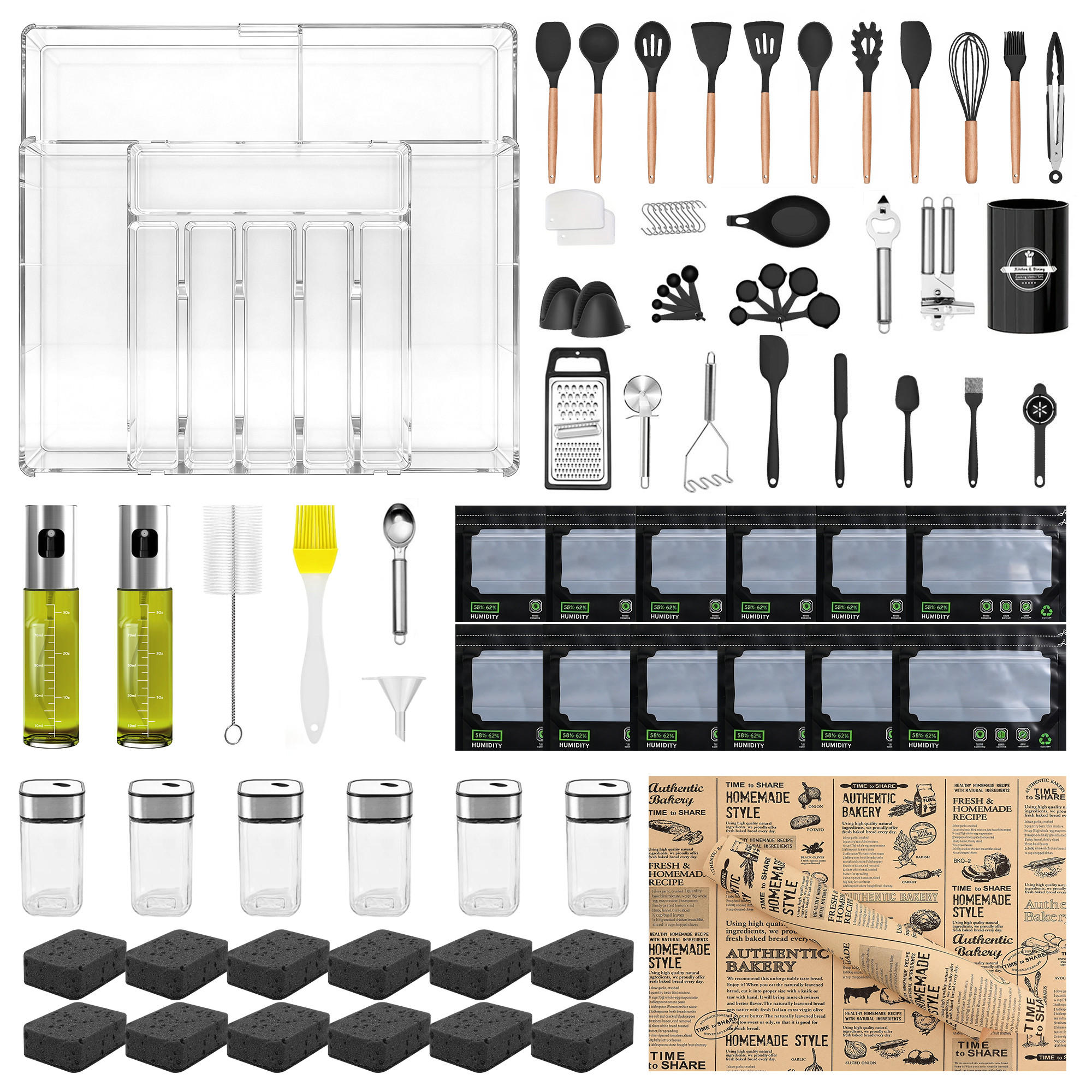 KÜCHENHELFER Set 72-teilig mit Aufbewahrung Box Organizer & Back Zubehör - Schwarz, Kunststoff