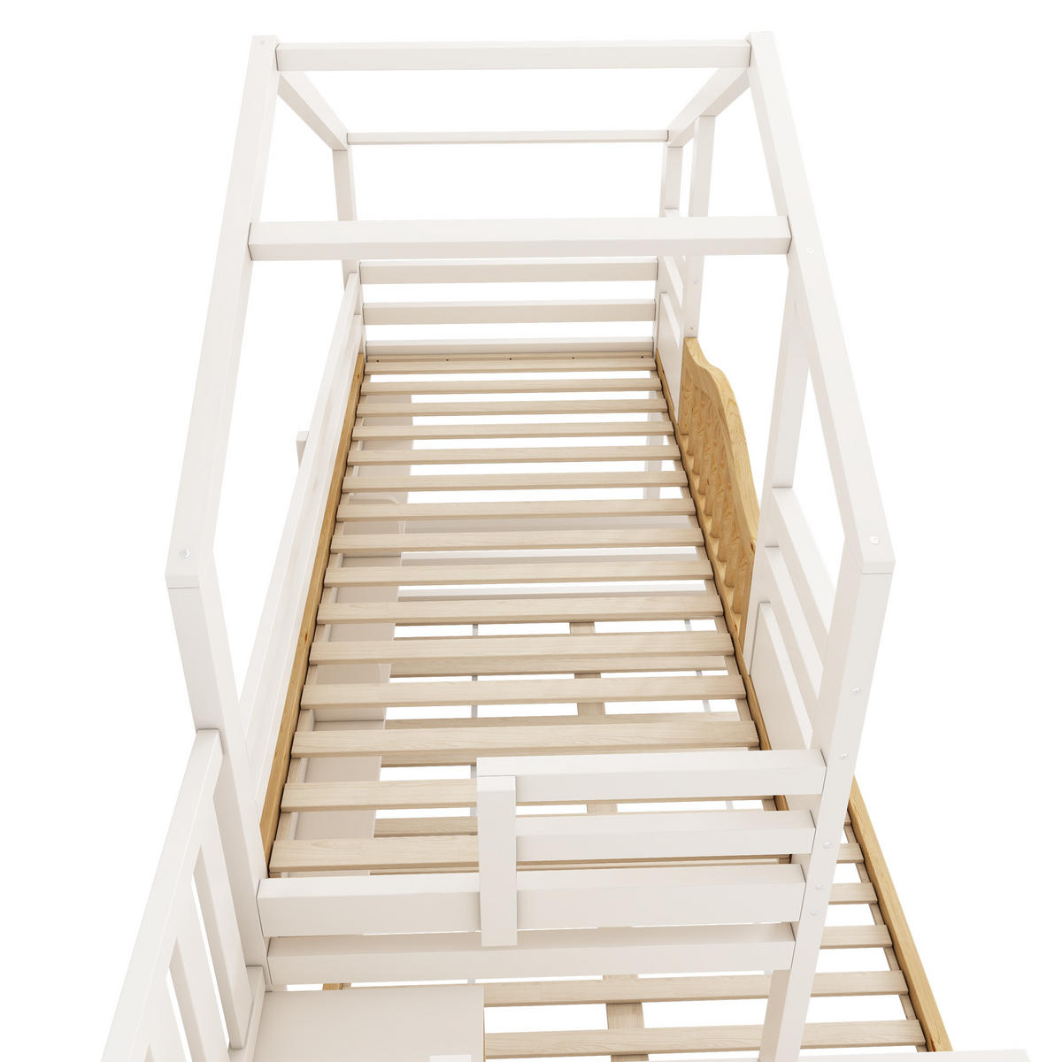 ETAGENBETT 90/200 cm & 140/200 cm in Weiss & Natur mit Treppenschrank, Stauraum und Regalen Hausbett - Weiß, Holzwerkstoff (140/200cm) - STILVORA