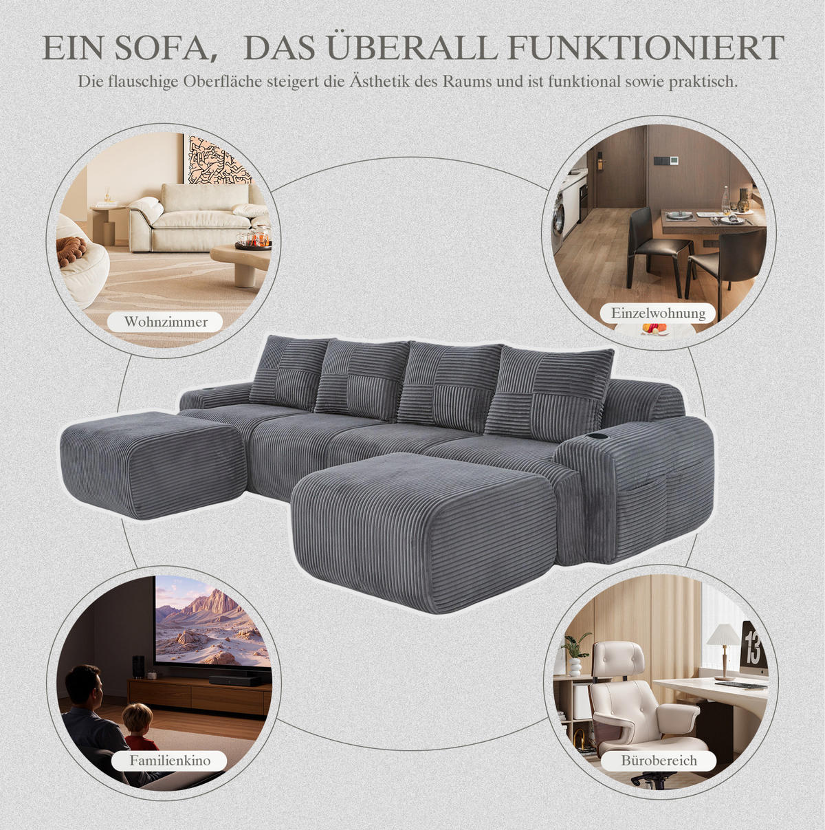 4-SITZER Wohnlandschaft Cord mit Getränkehalter und Seitentasche inklusive 2 Hocker 333/174/80 cm Dunkelgrau - Dunkelgrau, Textil (174/80/333cm) - Redom