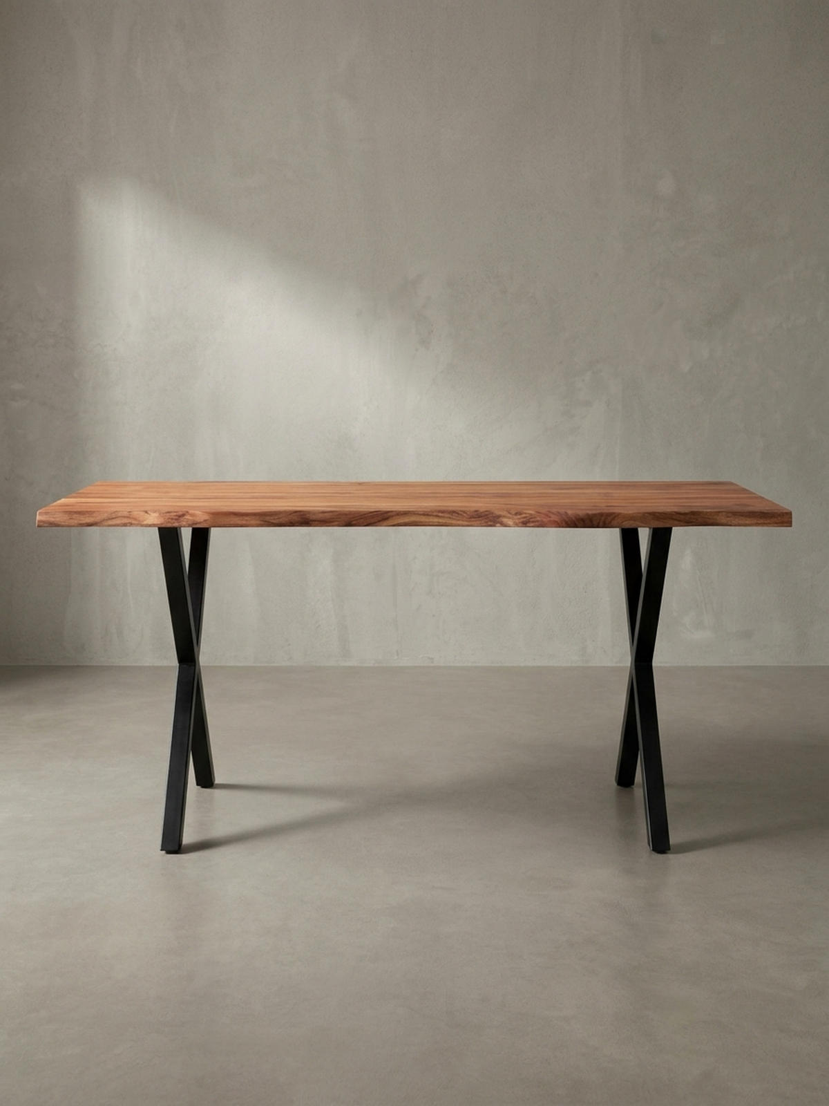 SCHREIBTISCH Massivholz X-Gestell Baumkante Handgefertigt KRETA, Goldbraun-Schwarz 180x90x76 cm - Schwarz/Braun, Holz/Metall (90/180/76cm) - KADIMA DESIGN