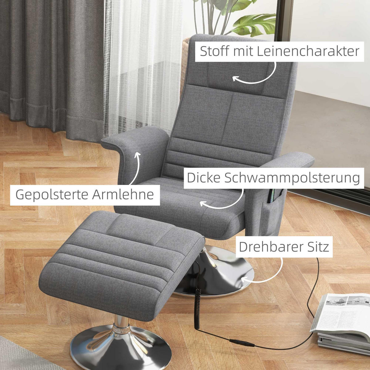MASSAGESESSEL mit Fußhocker, Elektrischer Relaxsessel mit Liegefunktion Stahl - Dunkelgrau, Kunststoff (95/88/78cm) - HOMCOM