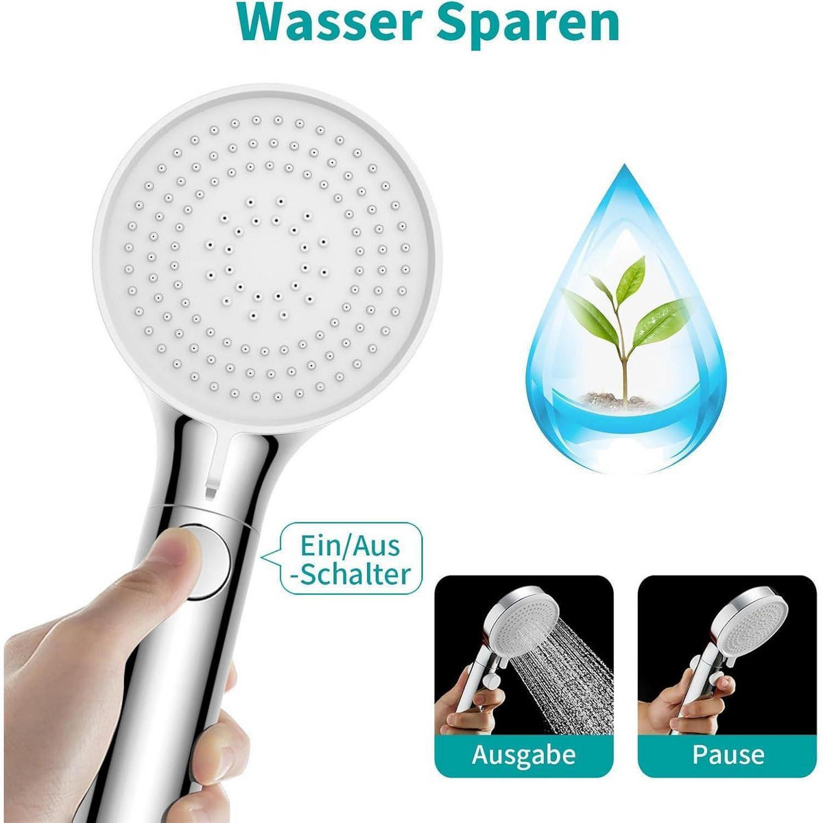 HANDBRAUSE Set mit 3 Strahlarten und Wassersparfunktion - Silberfarben, Metall (9/12.7/24.5cm)