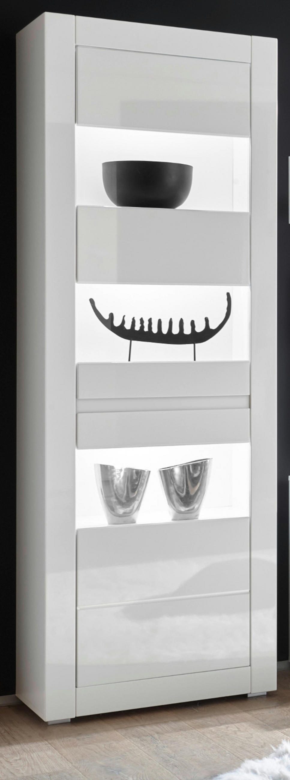 VITRINE Hochglanz weiß, mit weiß oder grau, 66 x 200 cm Soft-Close - Weiß Hochglanz/Weiß, Glas/Holzwerkstoff (66/198/35cm) - Furn.Design