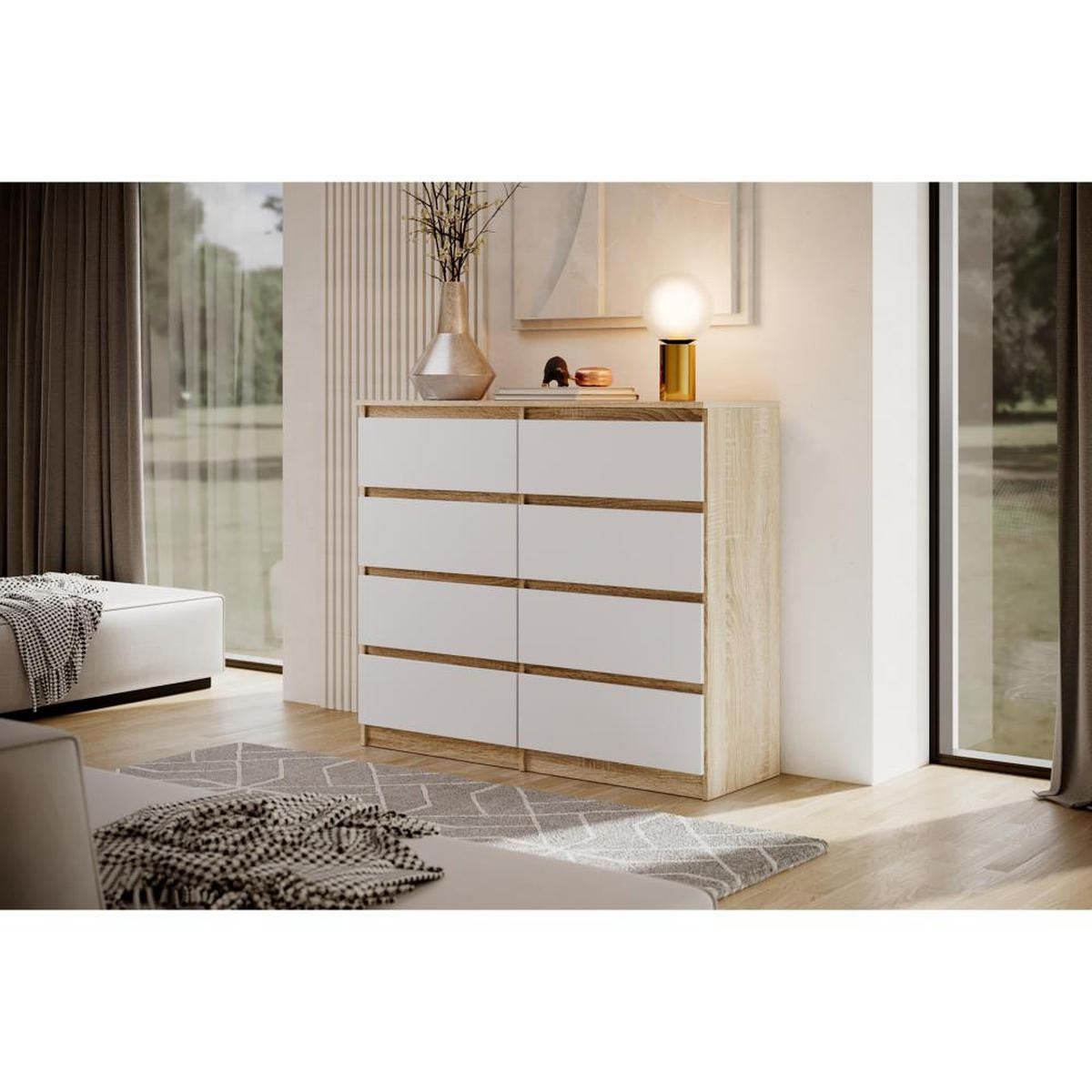 KOMMODE Lemon 120 cm mit acht Schubladen eiche Sonoma/weiß - Weiß/Sonoma Eiche, Holzwerkstoff (120/101.5/39cm) - Beautysofa