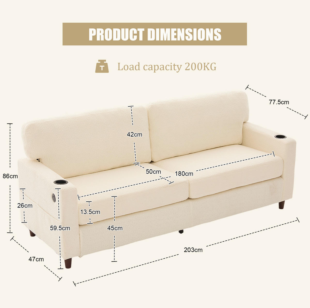 SOFA 2-Sitzer mit USB-C Anschluss & LED-Beleuchtung Chenille Beige 203/77,5/86 cm - Beige, Textil (203/86/77.5cm) - OKWISH