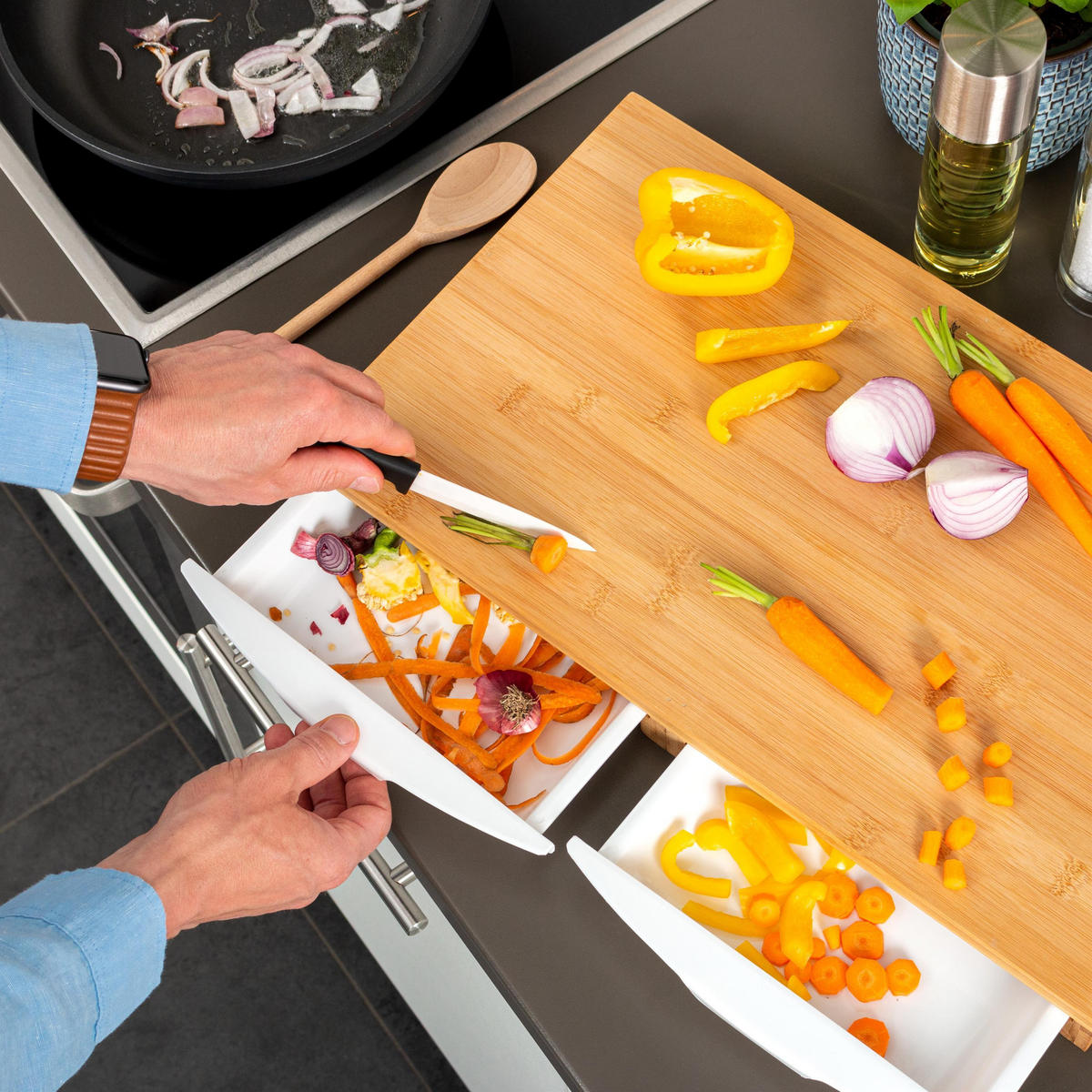 SCHNEIDEBRETT, mit 2 Auffangschalen, Bambus - Braun, Holz (49.5/28.5cm) - bremermann