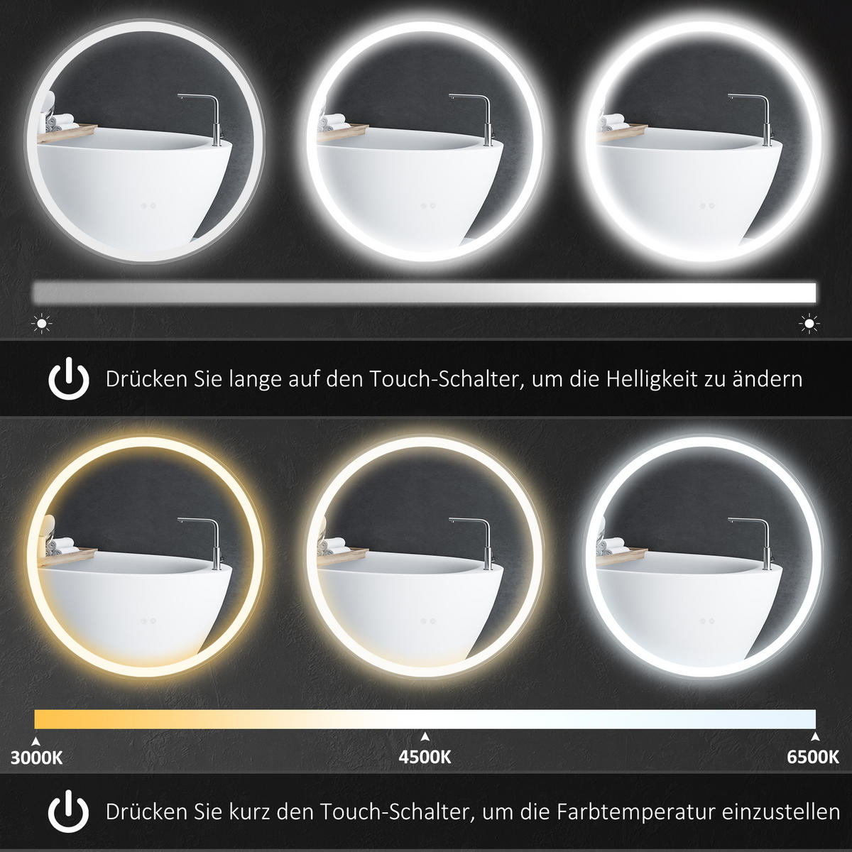 BADEZIMMERSPIEGEL, mit Touch-Funktion, Memory-Funktion, kein Beschlagen - Silberfarben, Glas (3/60/60cm) - Kleankin