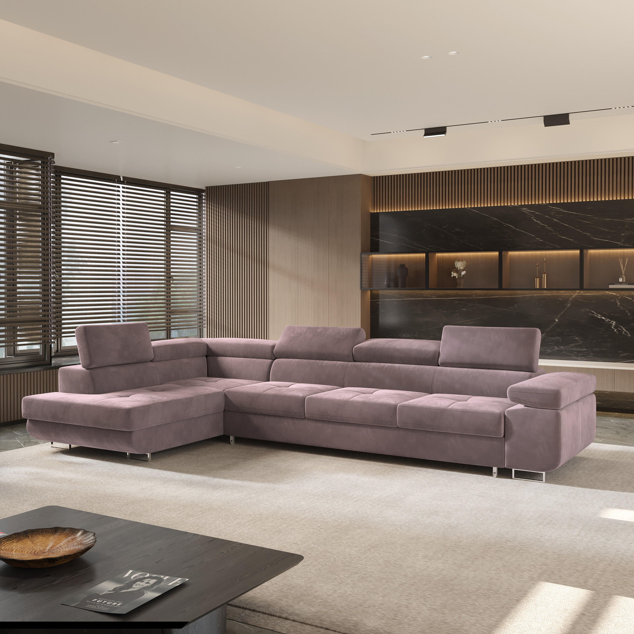 ECKSOFA VICENTE Lila Velours-Stoff mit Schlaffunktion - Lila, Holz (346/202cm) - MASSENO