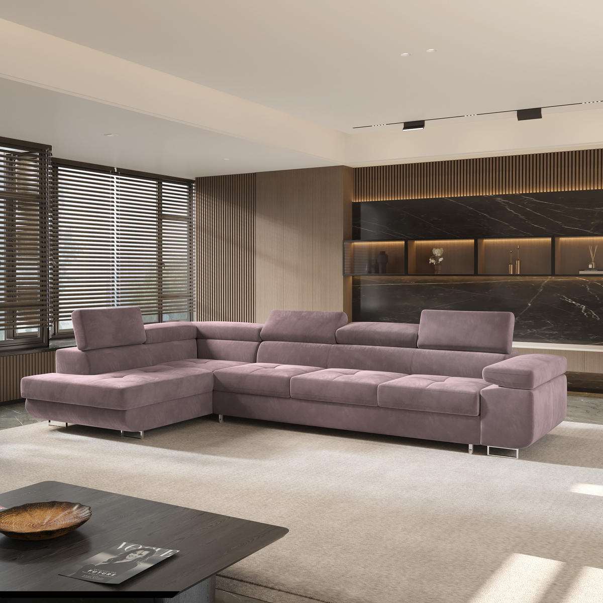 ECKSOFA VICENTE Lila Velours-Stoff mit Schlaffunktion - Lila, Holz (346/202cm) - MASSENO