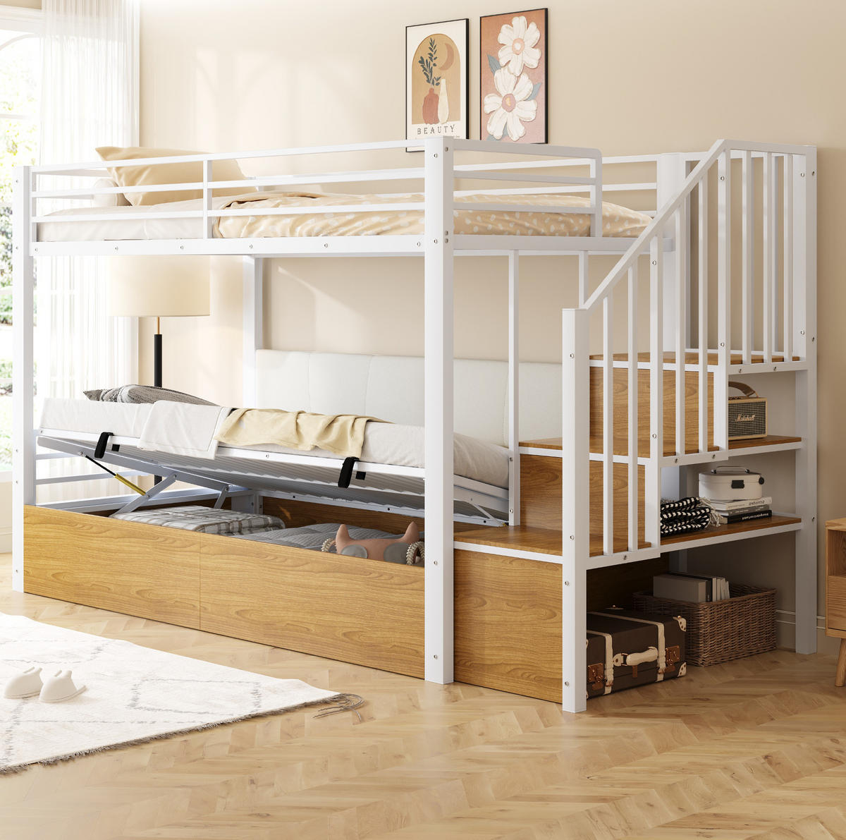 ETAGENBETT 90/200 cm weiß aus Metall und MDF mit Stauraum - Weiß, Metall (90/200cm) - OKWISH