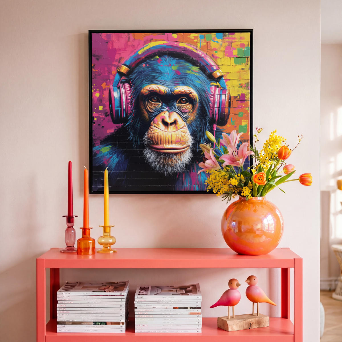 LEINWAND Bilder mit Rahmen - Graffiti - Schimpanse - Straßenkunst - Kopfhörer - Affe - 50x50 - Blau, Textil (50/50cm) - MuchoWow